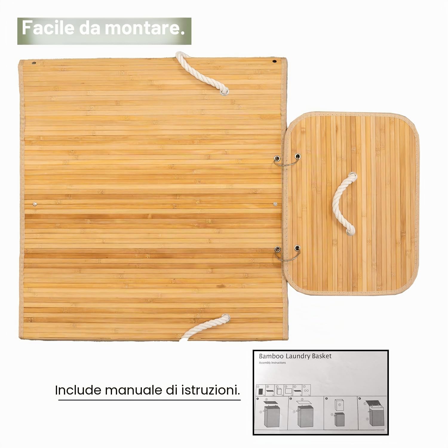 edihome, Cesto Portabiancheria 2 Scomparti, Cesta Panni Sporchi, Sporca, 72 litri, Cestino con coperchio, secchio, Laundry Basket, pieghevole, borsa lavabile estraibile, manici, in bambù (naturale)