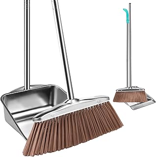 Broom and Dustpan Set with Long Handle,Heavy Duty Stainless Steel Dustpan with Broom,Long Handle Lightweight Indoor Broom Set,Sweeper and Dustpan Set with Broom Clip (Square Dustpan+Broom)