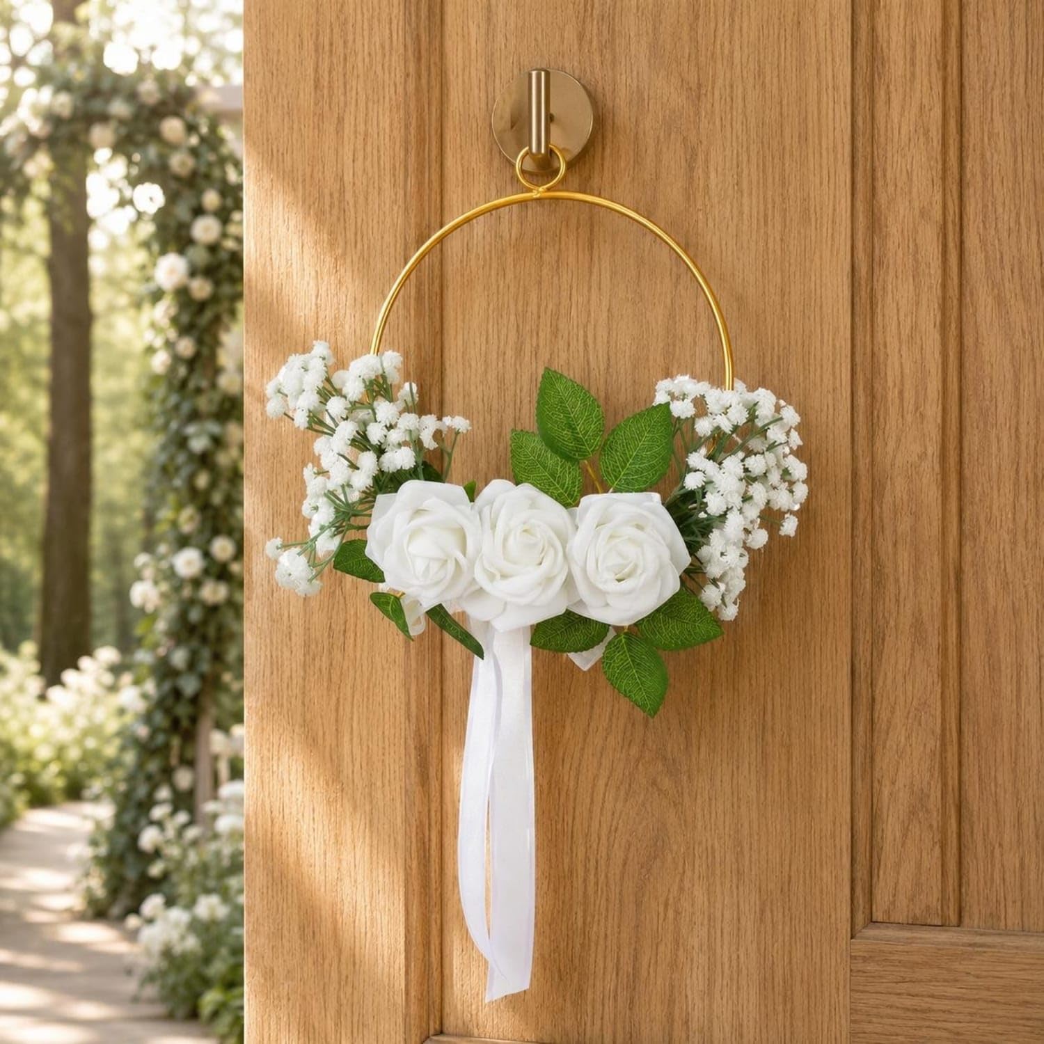 White Flowers Floral Hanging Wreath Gold Metal Flower Hoop Wreath Ribbon Streamers Wall Decor, B-image-13