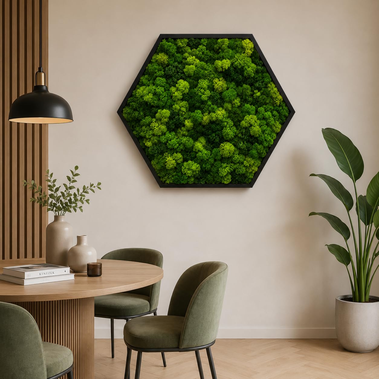 Quadro Esagonale Verde Stabilizzato con Muschio e Licheni Naturali - Decorazione Vegetale di Design per Casa e Ufficio - Senza Manutenzione (Esagonale 80x80 cm, con Cornice)