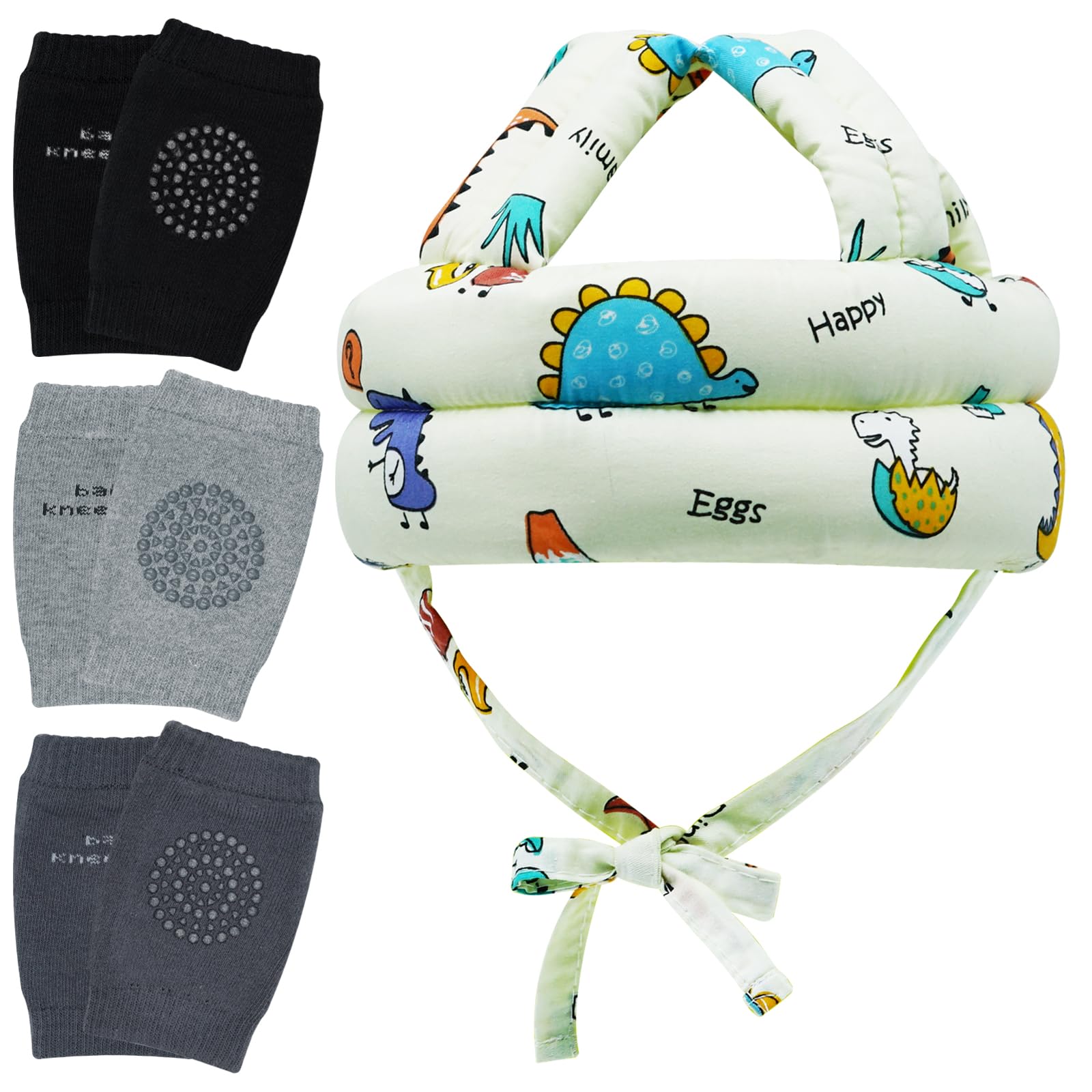 Baby Head Protector Helmet & Baby Knee Pads 3 Pairs Toddler Protector Cap Soft Cotton Cushion, Adjustable Bump-Free Safety Hood to Crawling, Walking,