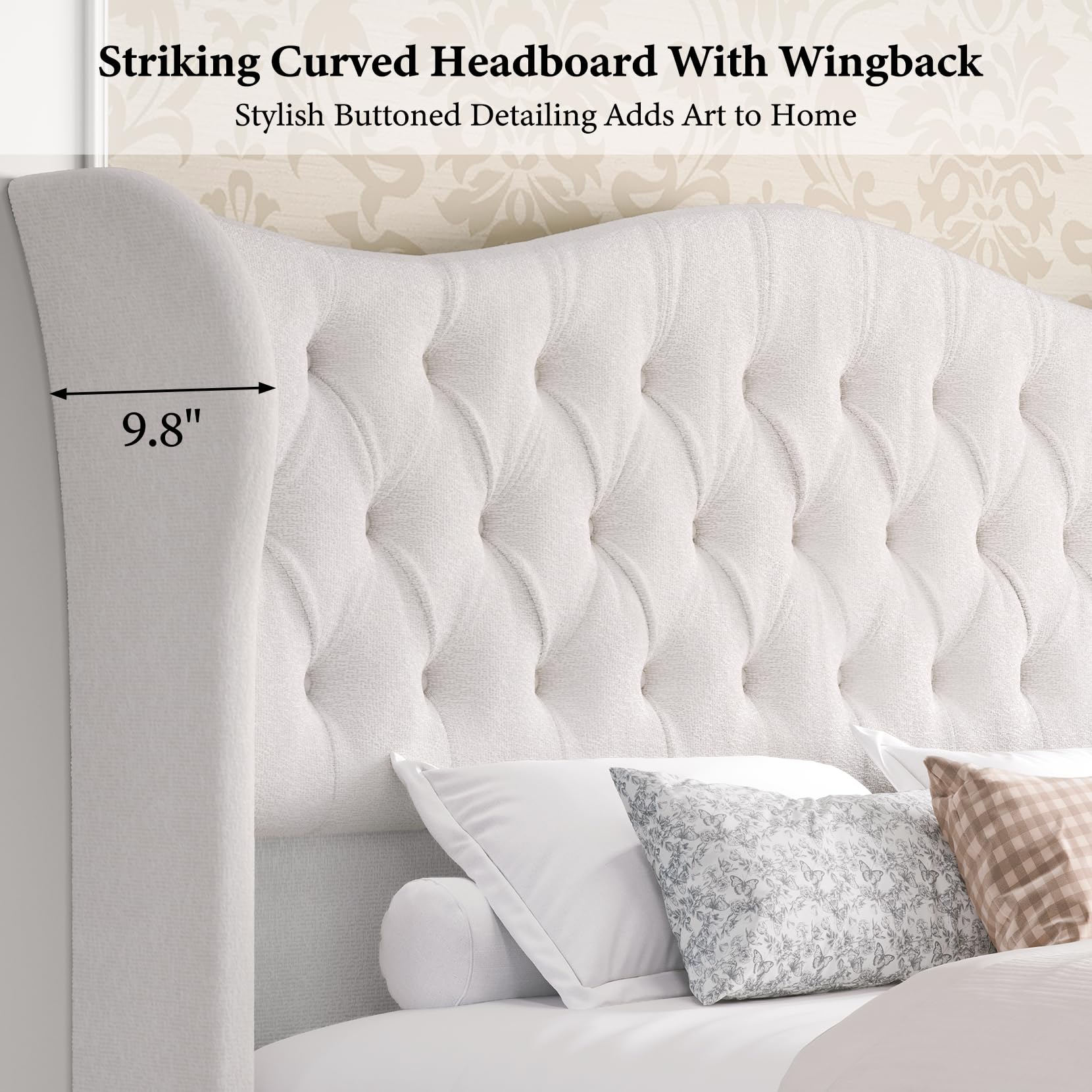 koorlian Queen Size Bed Frame,Upholstered Platform Chenille Sleigh Bed,51" Scroll Wingback Tall Headboard Footboard,Deep Button Tufted,Easily Assemble,Wood Slats Support,No Box Spring Required-Cream