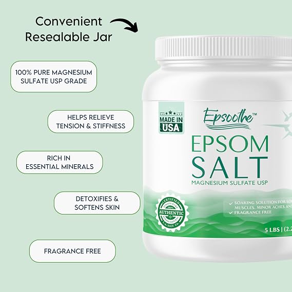 Epsoothe 5 Lbs Jar Epsom Salt Bath & Foot Soak and Scrub | Pure & Natural Magnesium Sulfate USP | Soothes Muscles & Joints, Enhances Well-Being