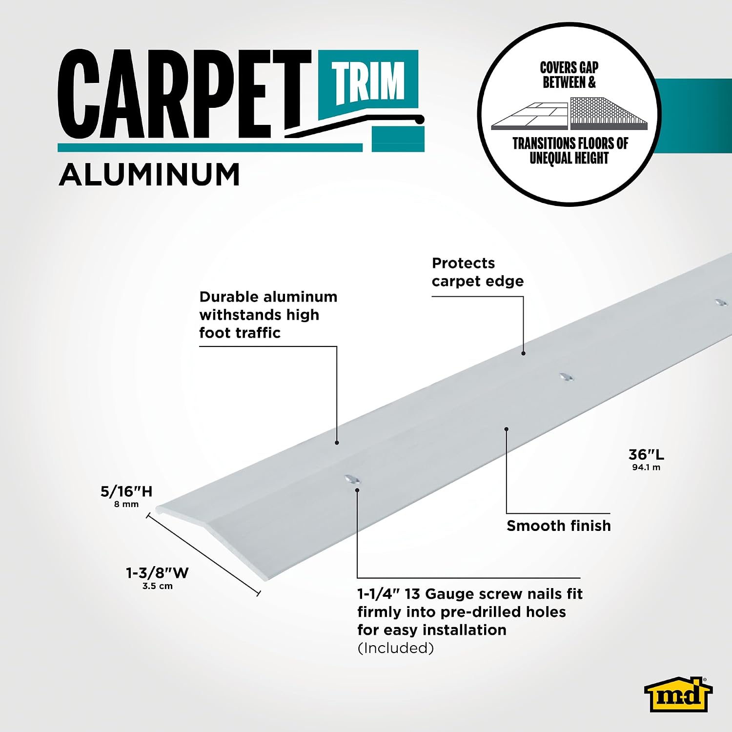 M-D Building Products 66092 1-3/8 In. X 36 In. Polished Aluminum Carpet Trim w/Screw Nails