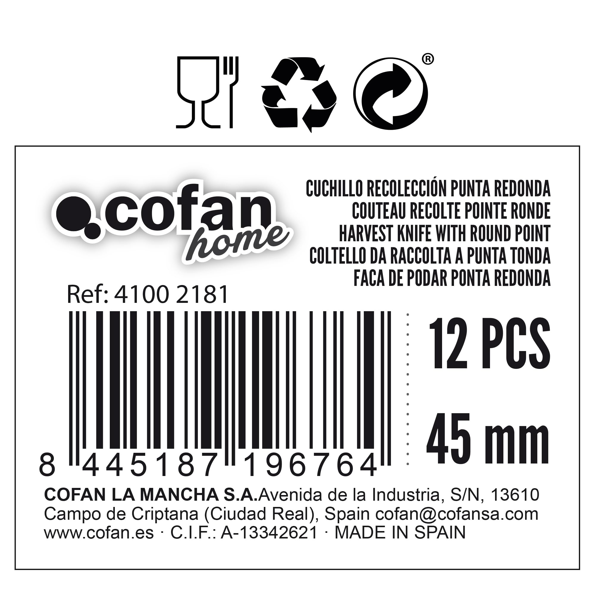 Cofan Cuchillo de Recolección | Pack de 12 Unidades | Punta redonda | Medida de la hoja 4,5 cm | Mango de Color negro