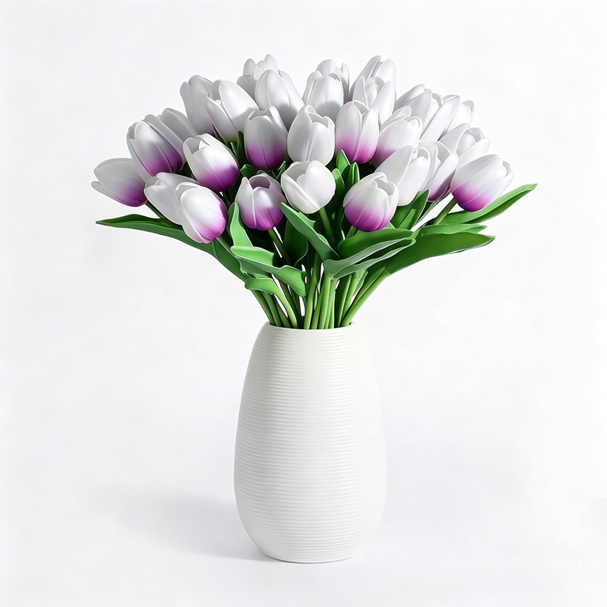 20Pcs Stems 13.5 Inch White Purple PU Artificial Moisturizing Tulips, Faux White Purple Tulips Flowers for Thanksgiving Christmas Decorations Wedding Home Table Vase Floral Arrangements