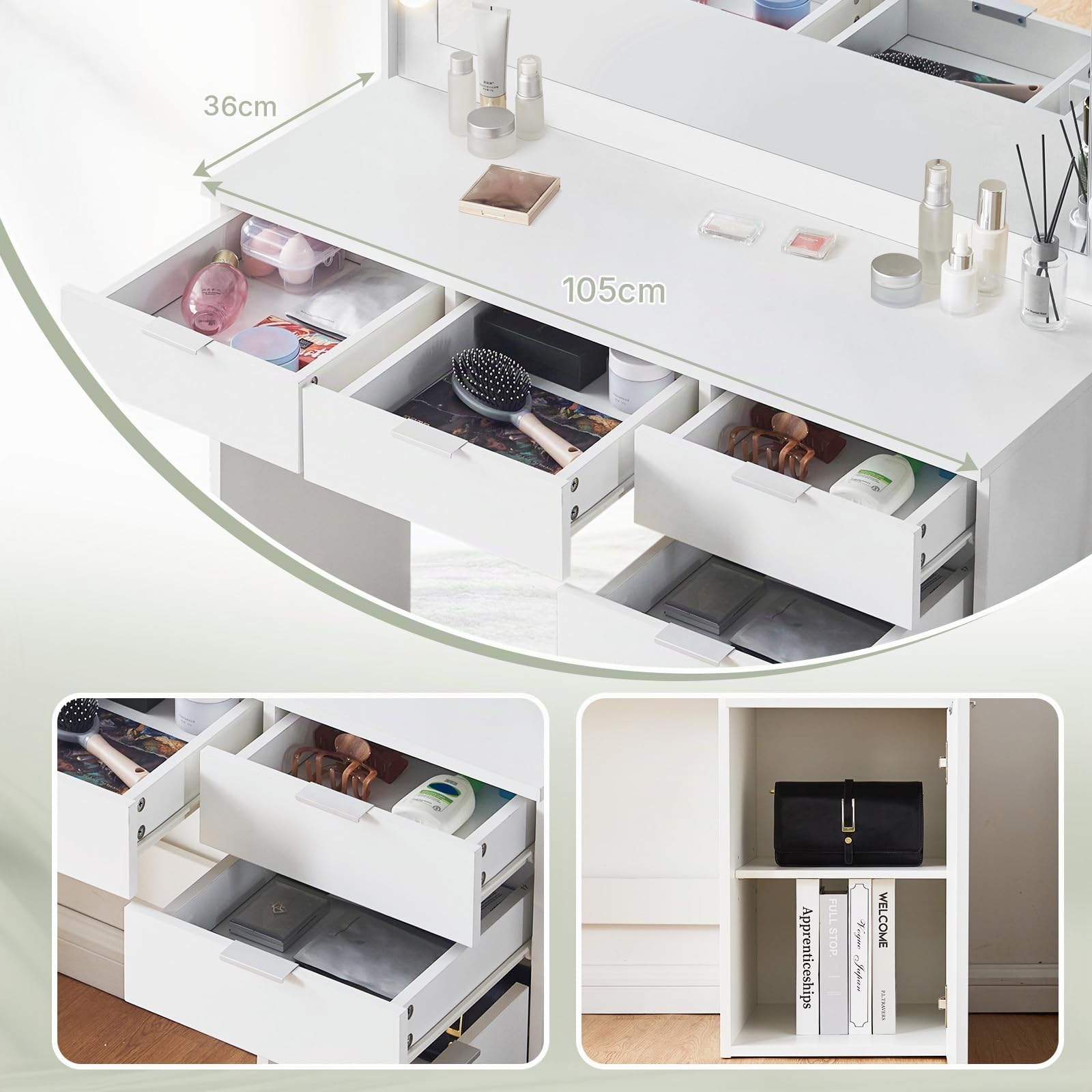 LEMROE Toeletta con Specchio LED e Sgabello, 3 Luci Regolabili, Tavolo da Trucco Bianco Moderno con 4 Cassetti e 1 Armadio, 40 x 105 x 140 cm