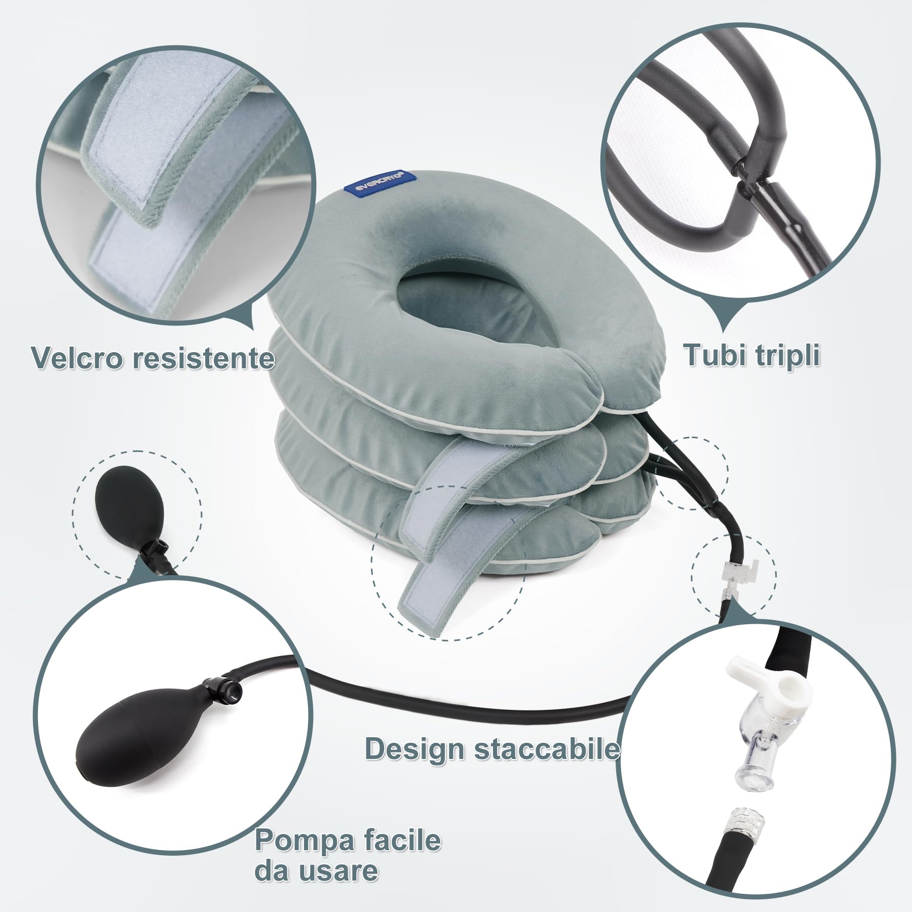 EVERCRYO Dispositivo di trazione cervicale del collo, estensore gonfiabile per collo, cuscino di trazione collare cervicale, decompressione del collo (Grigio)