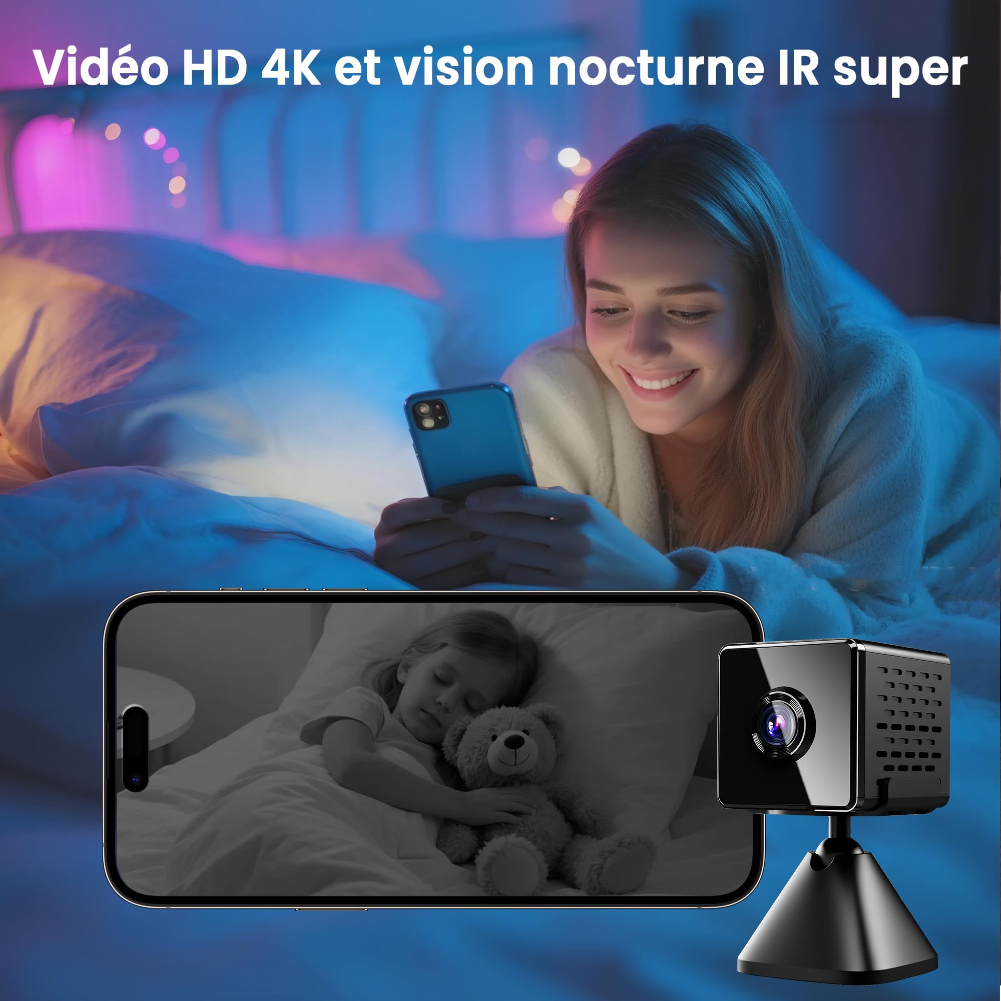 Caméra Espion Mini 4K Vision Nocturne WiFi - Caméra de Sécurité Intérieure Détection de Mouvement - Stockage Cloud Carte SD Batterie Intégrée