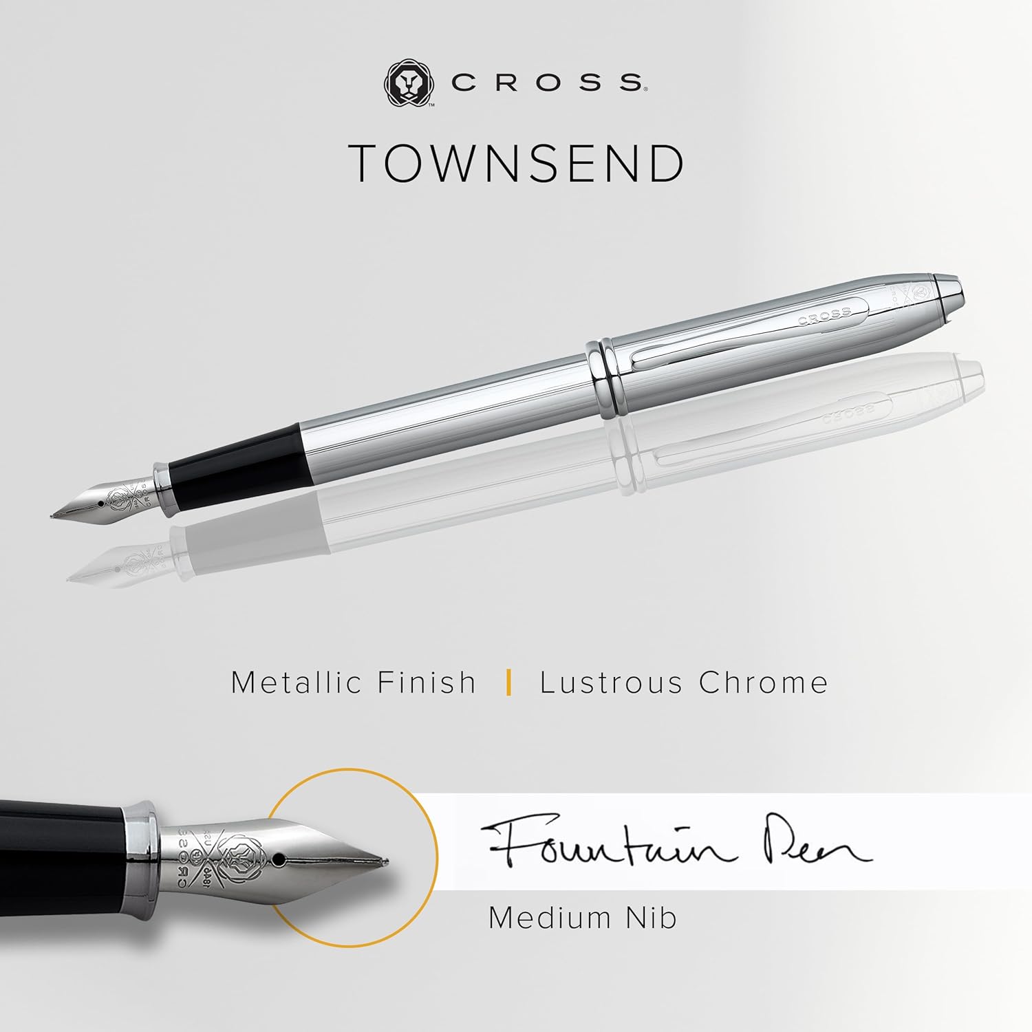 Cross Townsend Refillable Fountain Presented in a Luxury Gift Box - Medium Point, Black Ink, Lustrous Chrome