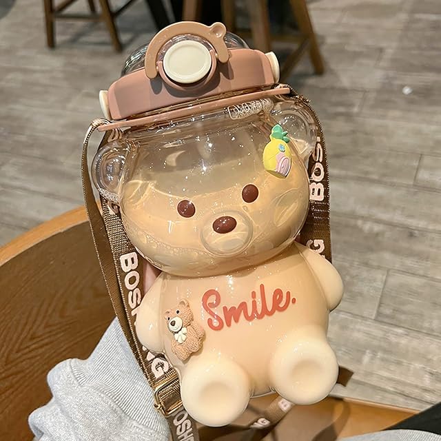 Kawaii Bear Water Bottle,Cute Water Bottle with Straw and Stickers,BPA Free,Leak-Proof,Novelty Drinking Bottle with Adjustable Shoulder Strap for Kids Girls Travel School Office (1000ml)