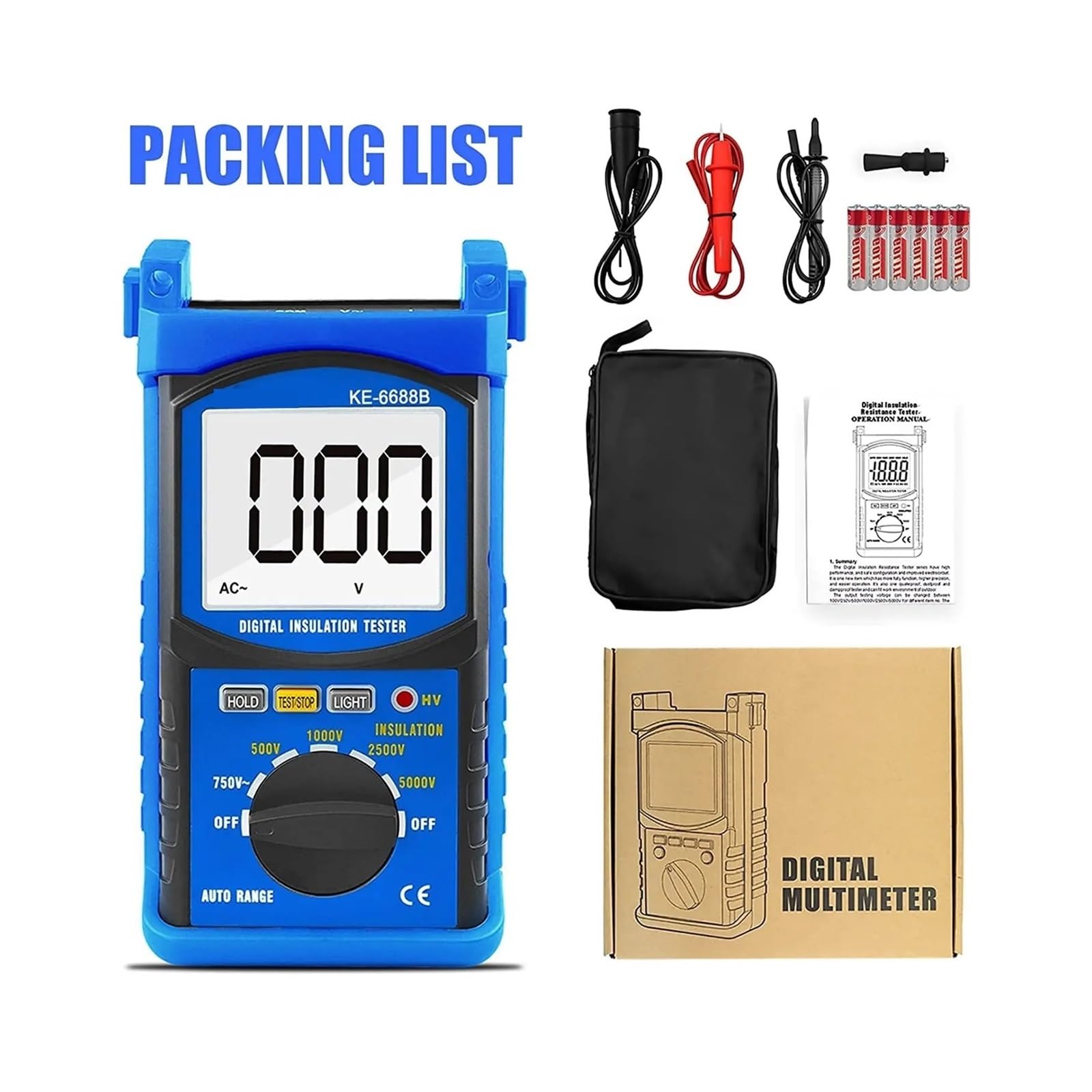 Cyfrowy megaomomierz, tester rezystancji izolacji Kethvoz 500 V/1000 V/2500 V/5000 V, automatyczny z zakresem 1 MΩ~2 GΩ, pomiar prądu przemiennego Przemysł, Motoryzacja