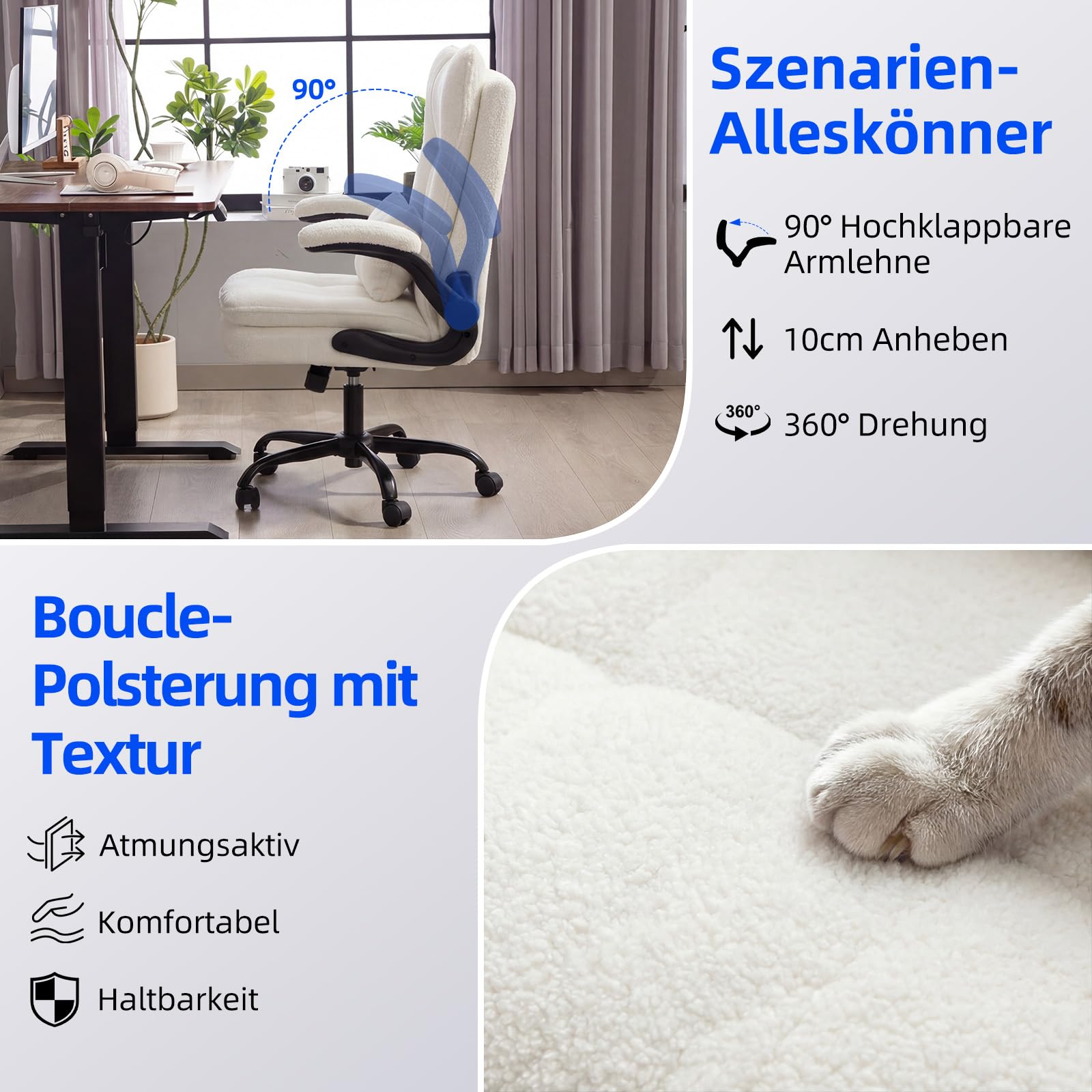 Bürostuhl Ergonomisch Schreibtischstuhl mit Hochklappbare Armlehne | Lordosenstütze, Bürostuhl 150kg, Hochklappbaren Armlehnen, Höhenverstellbarer, 90°-125° Wippfunktion, 360°, Teddy-Stoff