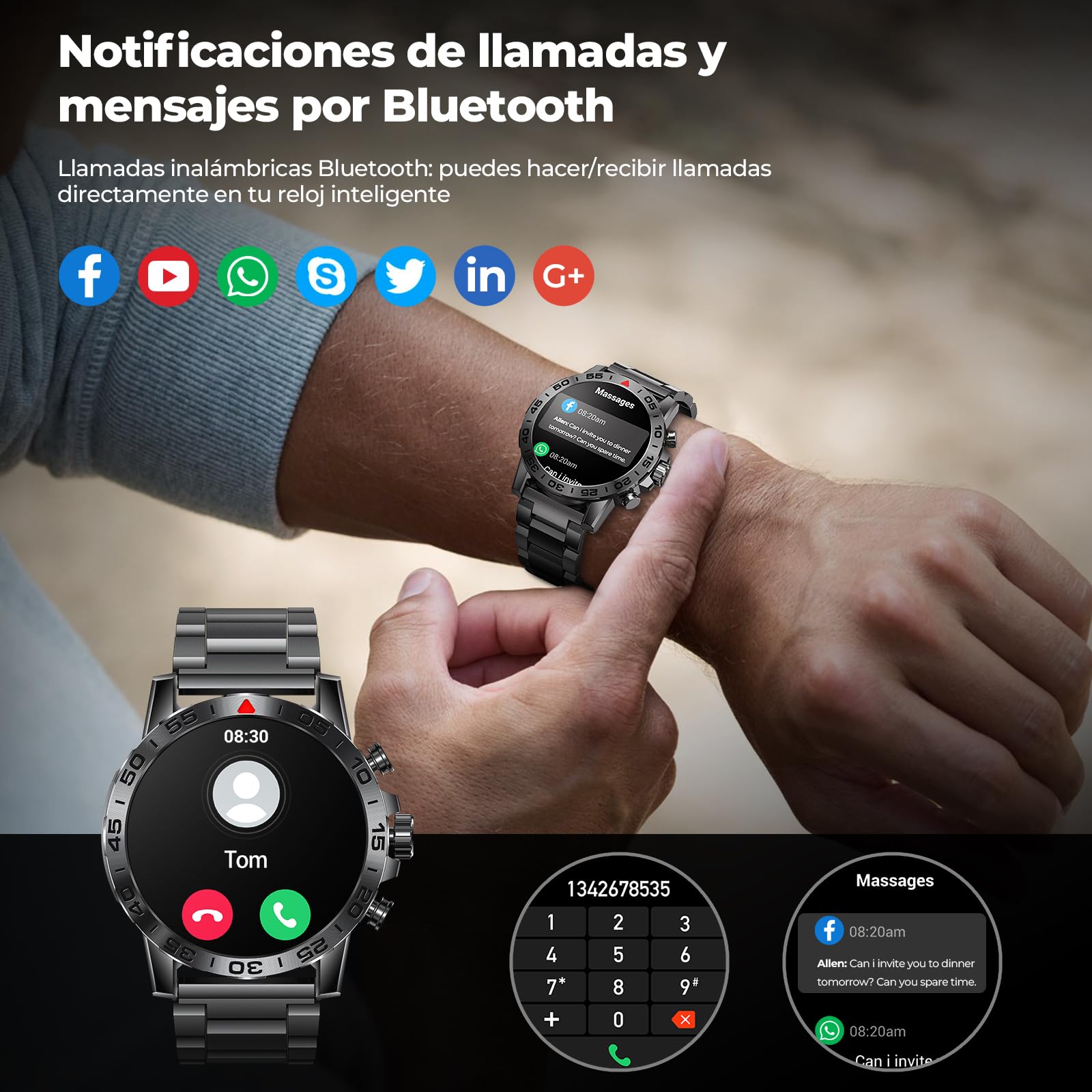 Reloj Inteligente Hombre, 1.39" Smartwatch con Llamada, Pulsómetro/Podómetro/SpO2/Monitor Sueño,100+ Modos Deportes,P68 Impermeable Militar Smart Watch Acero Correa Pulsera Actividad para Android iOS