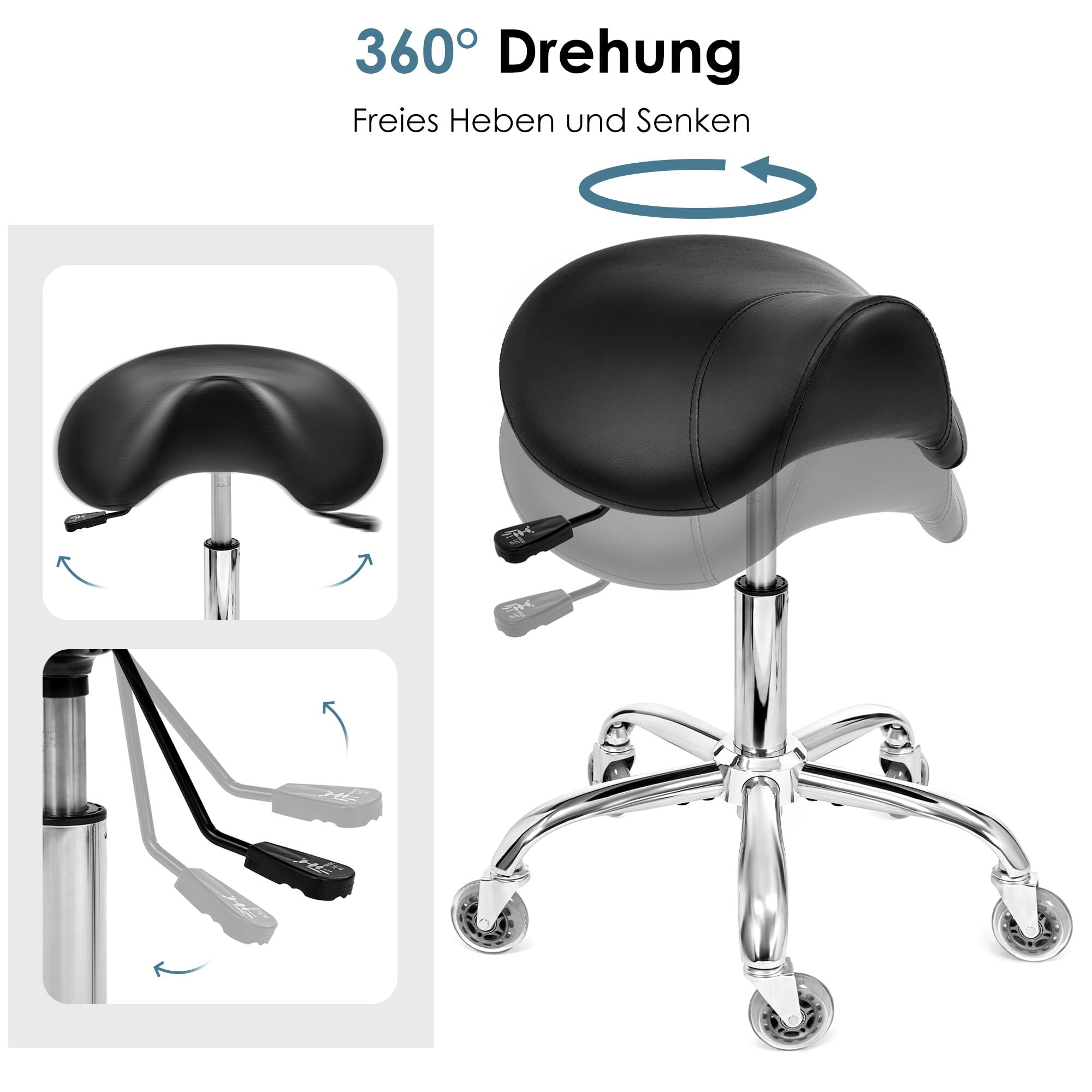 BEWISHOME Sattelhocker mit Rollen,Schwenkbarer,Verstellbarer Rollhocker, strapazierfähiges PU-Leder mit breitem Sitzpolster, ergonomisch für Schönheitssalons, Spas und Kliniken (Schwarz), EBMD01B