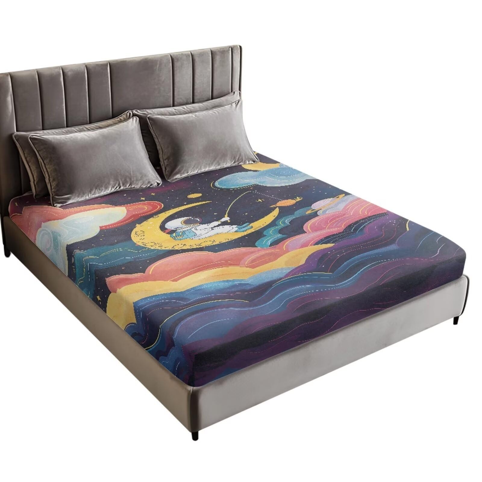 ZOUTAIRONG Twin Fitted Sheet Durable Kids Fitted Sheets Ultra Soft & Breathable Anti Slip Elastic Bed Sheets Astronaut Stars Design Washable Fitted Sheet for Boys, 39 x 75 in