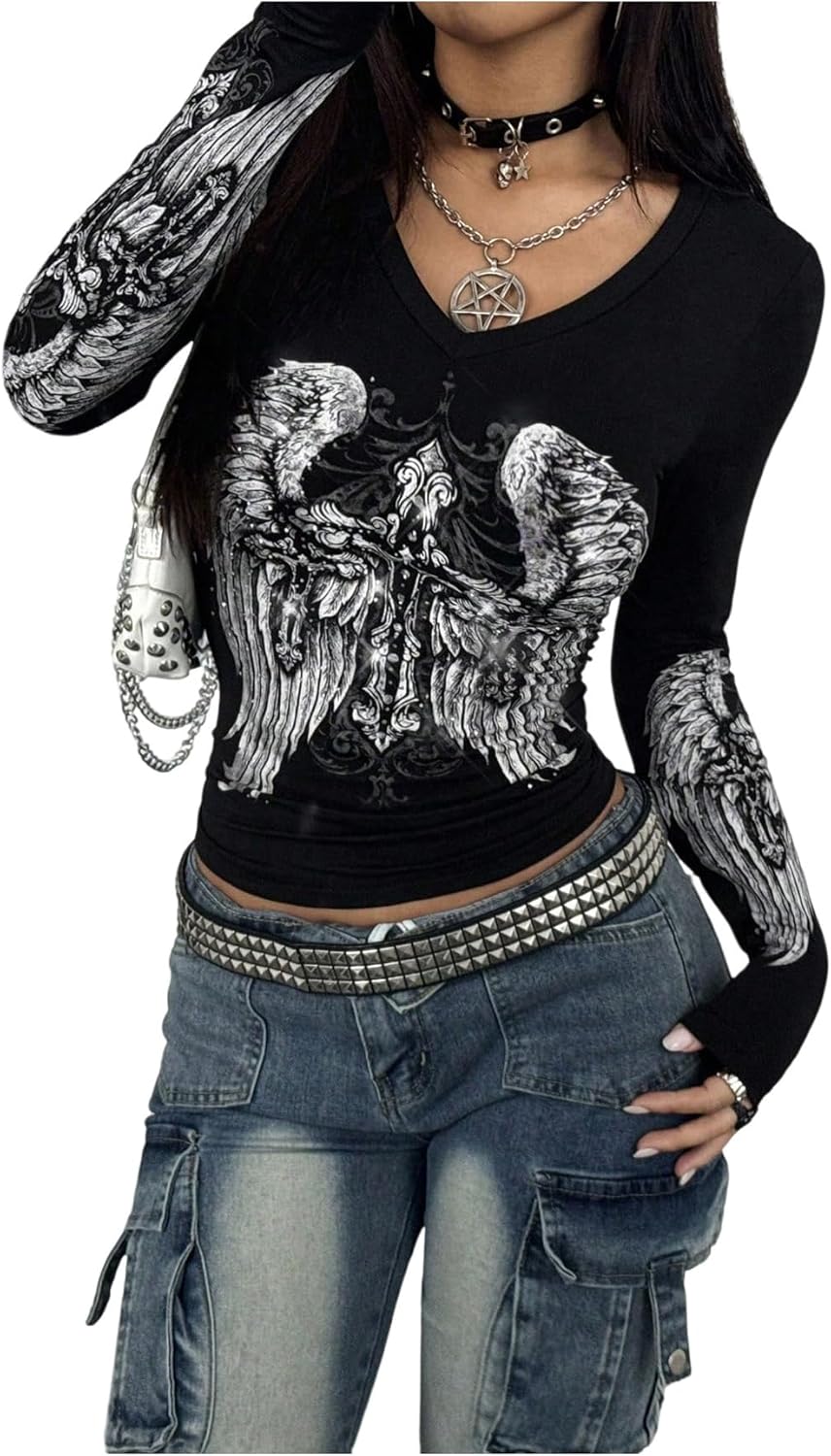 Women's Y2k Graphic Tees Long Sleeve V Neck T Shirts Slim Fit Gothic Crop Tops