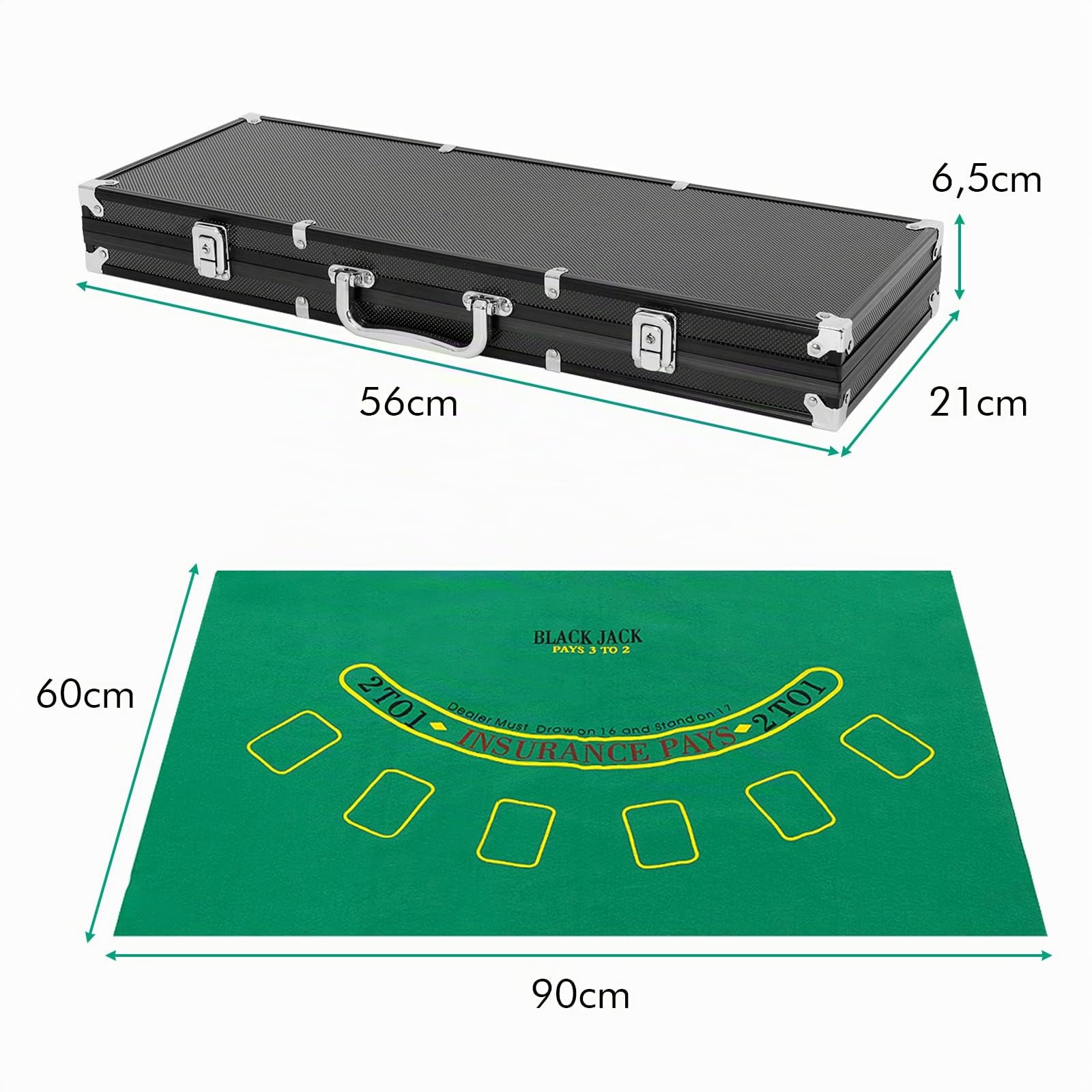 DREAMADE Pokerset mit 500 Laser Pokerchips & Aluminiumkoffer & 2 Kartendecks & 5 Würfel & 3 Dealer Button & Tischtuch, Profi Pokerspiel, Poker Set (Schwarz)