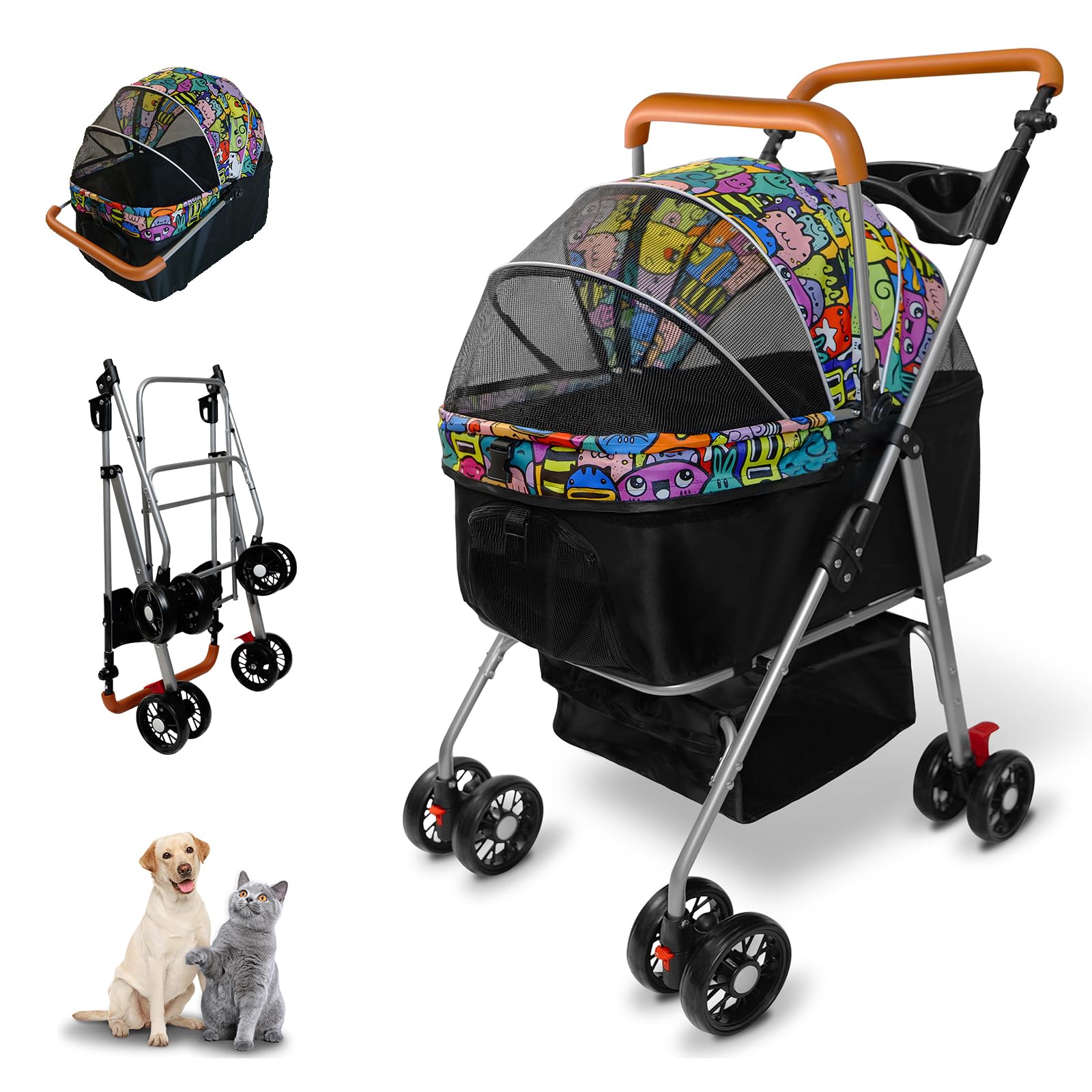 Pet Stroller with Storage Basket and Cup Holder, Folding Dog Jogger, Foldable Cat Stroller, 3 in 1 Puppy Kitten Cart, Pet Jogger for Medium Dog Cat (Magic Black) : Pet Supplies