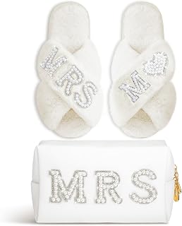 Xtinmee Personalized Initial Wedding Bride Slippers MRS Pearl Letter Makeup Bag Bridal Shower Gifts for Wedding Day (M)