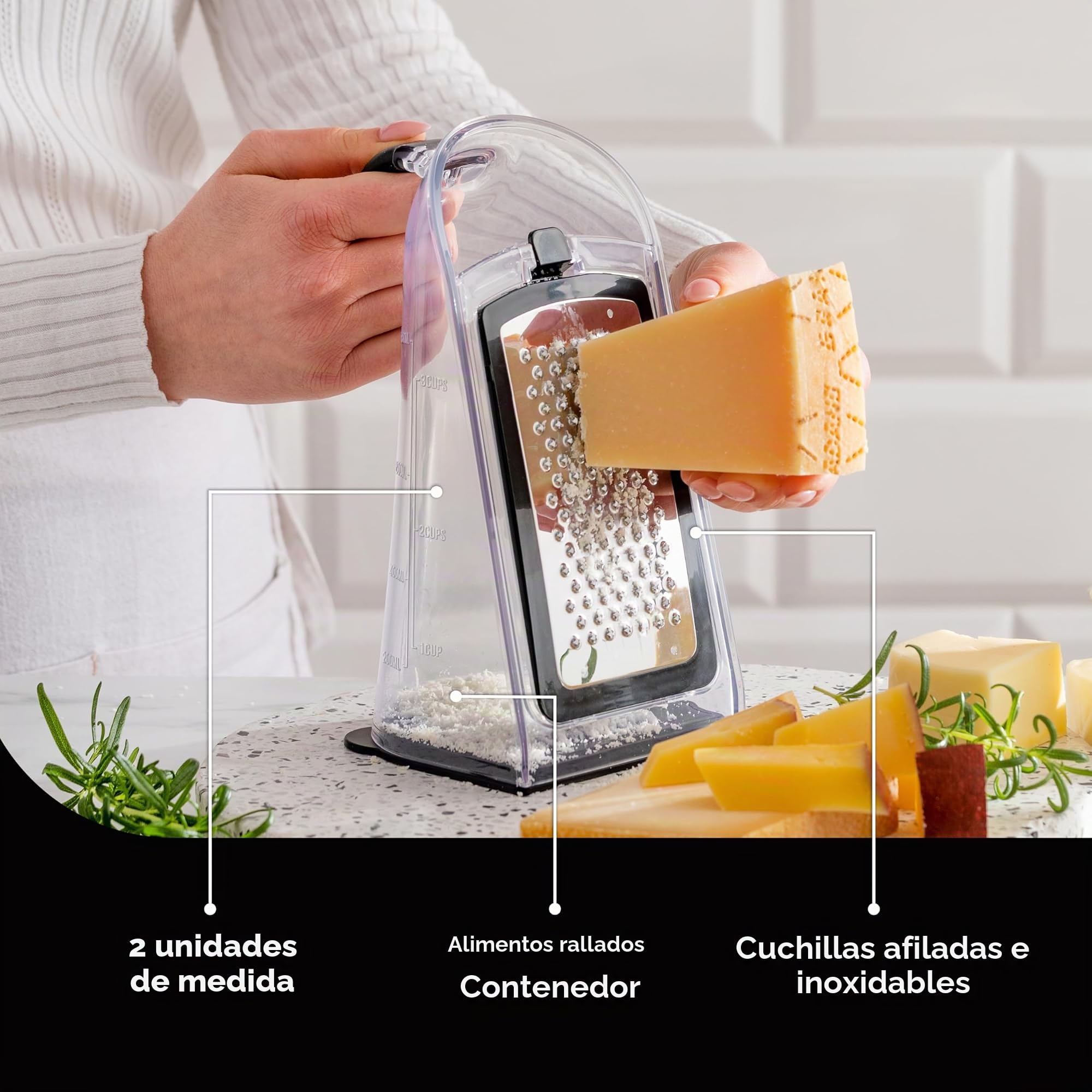 Rallador de queso con triturador de ajo, rallador de verduras con 3 cuchillas de acero inoxidable, ralladores para cocina, ralladores de queso con asa, herramienta picadora de ajo y pelador de