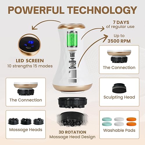 Miniatura 4 de Masajeador de celulitis inalámbrico mejorado 4 en 1, pantalla LED, 10 niveles de intensidad, 12 modos de masaje, 3 cabezales de masaje, 6
