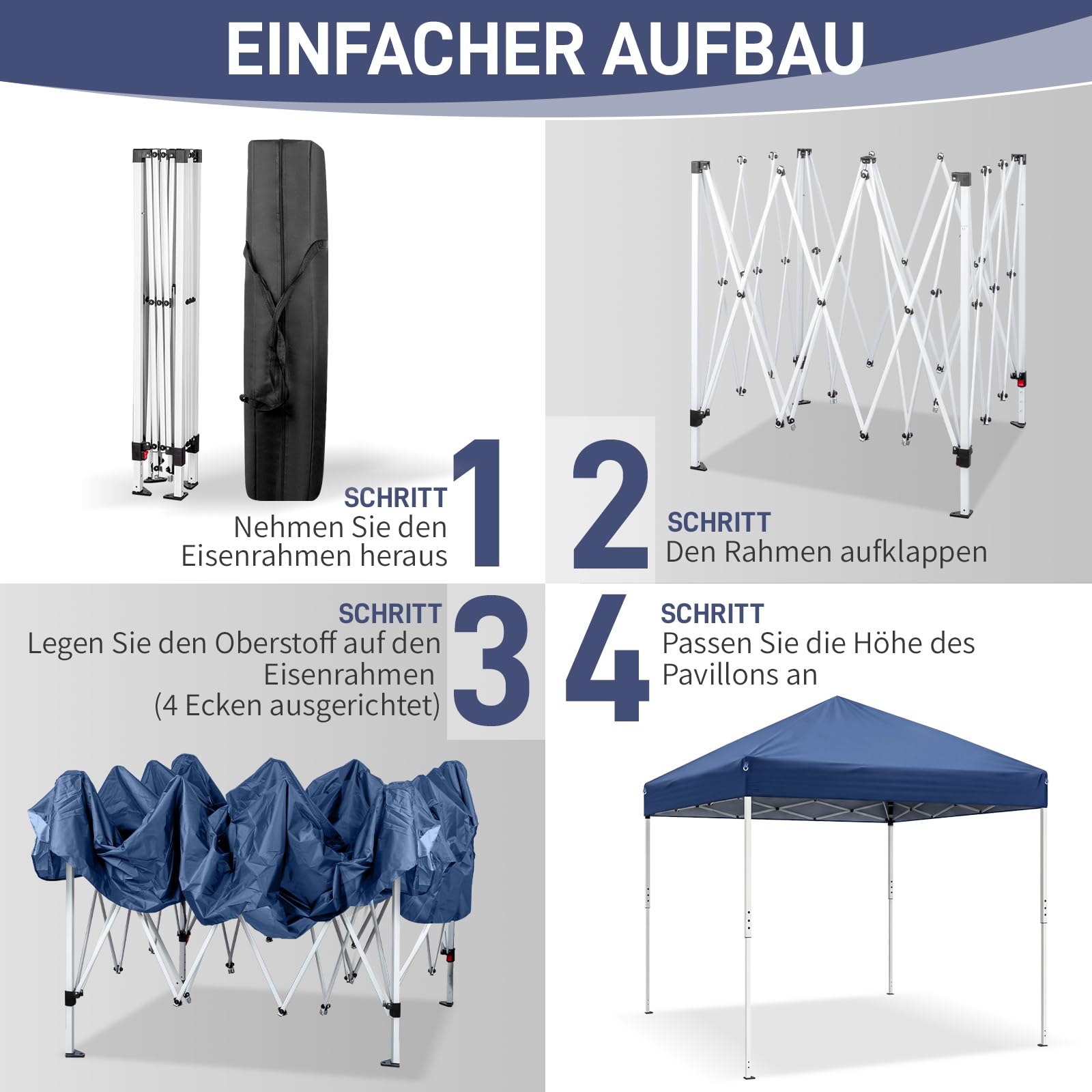 LEADZM Gazebo 3x3m, Pieghevole, Impermeabile, Protezione UV 50+, Regolabile in Altezza con 4 Zanzariere, Stabile, Ideale per Giardino, Terrazza, Campeggio e Uso Commerciale,Blu
