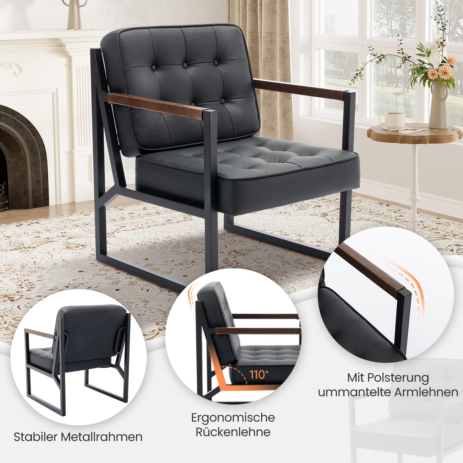 COLAMY Ohrensessel Sessel Wohnzimmer 2er Set, Leder Accent Chair, Mid Century Modern Kunstleder Empfangssessel mit Metallbeinen für Wohnzimmer Schlafzimmer Empfangsraum Wartezimmer, Schwarz