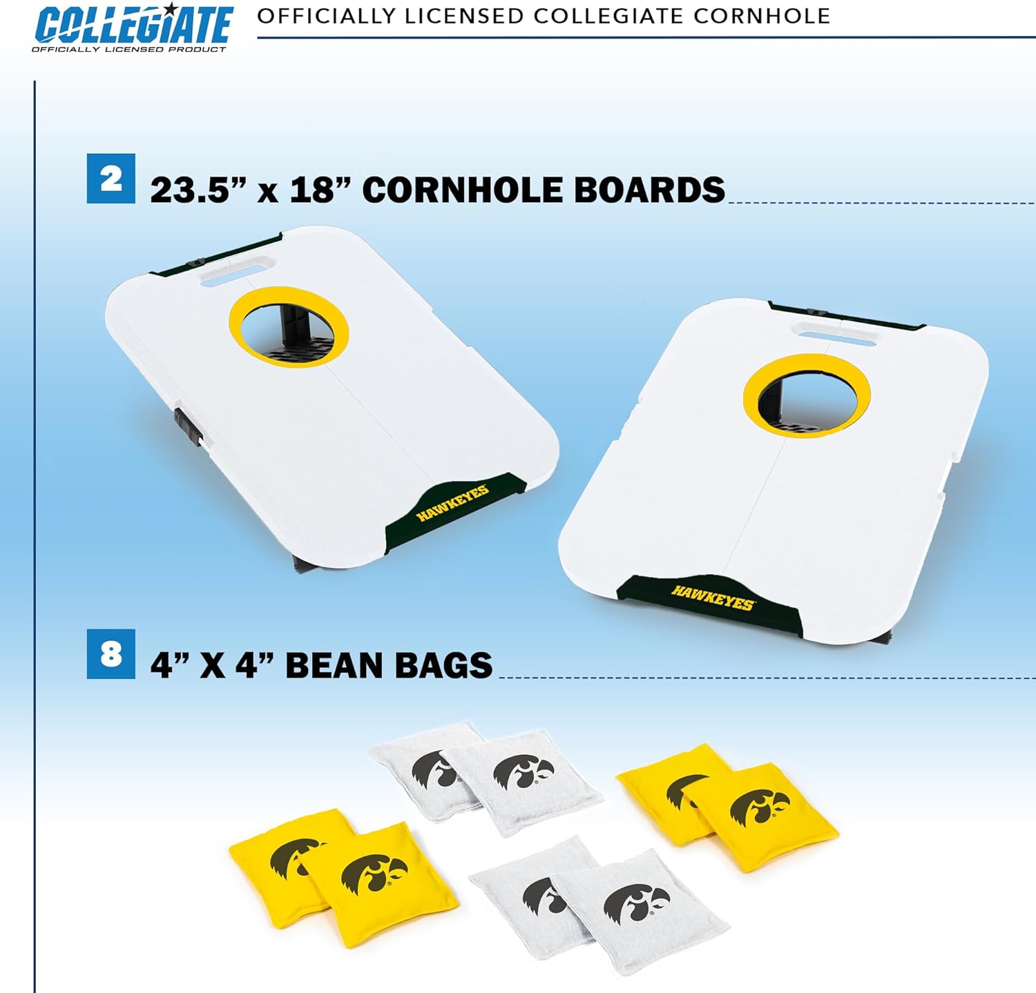 Wild Sports NCAA Iowa Hawkeyes Pro Football All-Weather Cornhole Set - Travel Bean Bag Toss Set Includes 8 Bean Bags