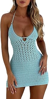 Women Y2k Crochet Mini Dress Sexy V Neck Halter Backless Cutout Knit Bodycon Short Dress Beach Party Club Coverups - Buy now