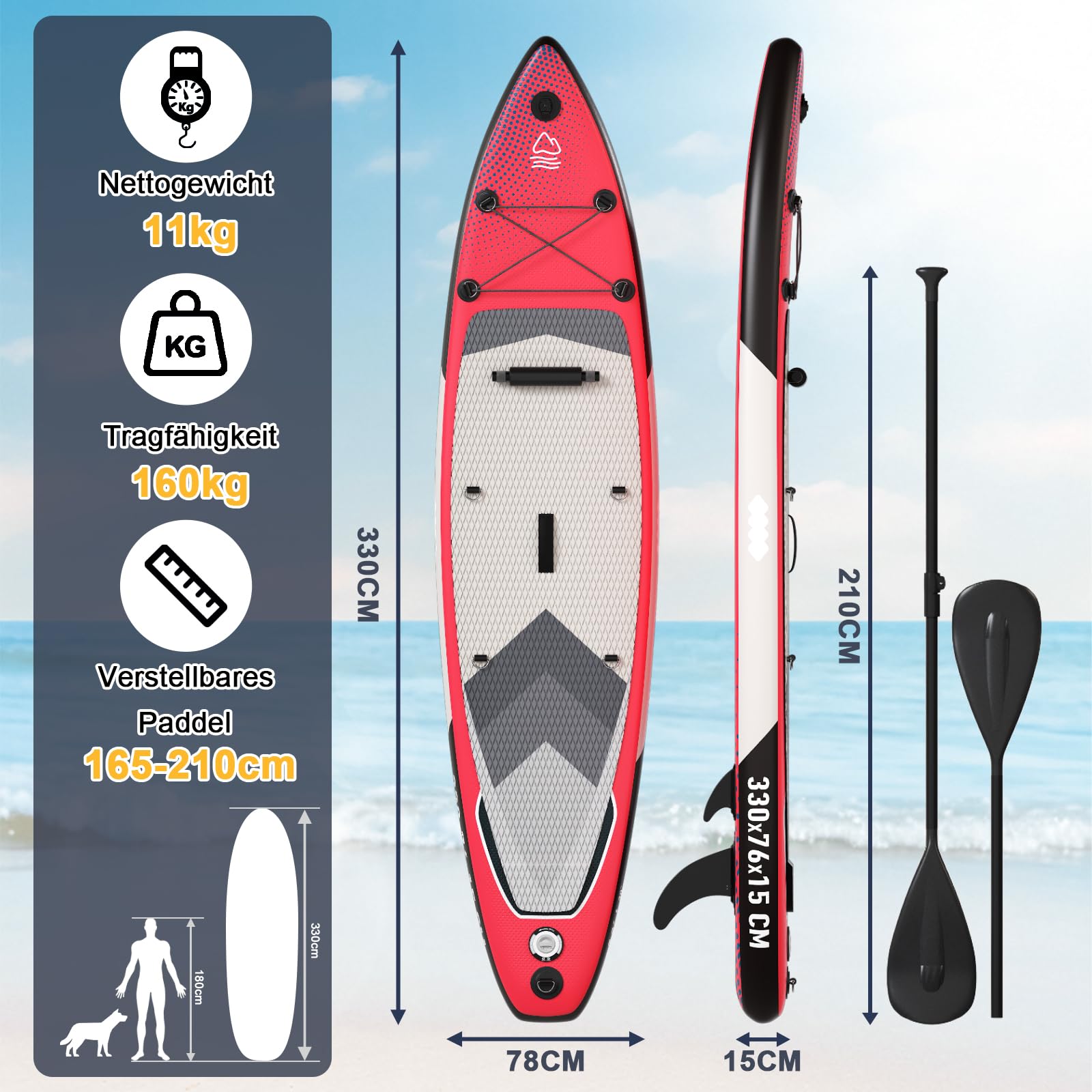 JUMMICO Tavola Sup Gonfiabile, Stand Up Paddling Board, 330 x 76 x 15 cm, Pagaia 2-in-1 con Sella Kayak e Accessori, Portata 160 kg, Ideale per Surf, Pesca e Yoga