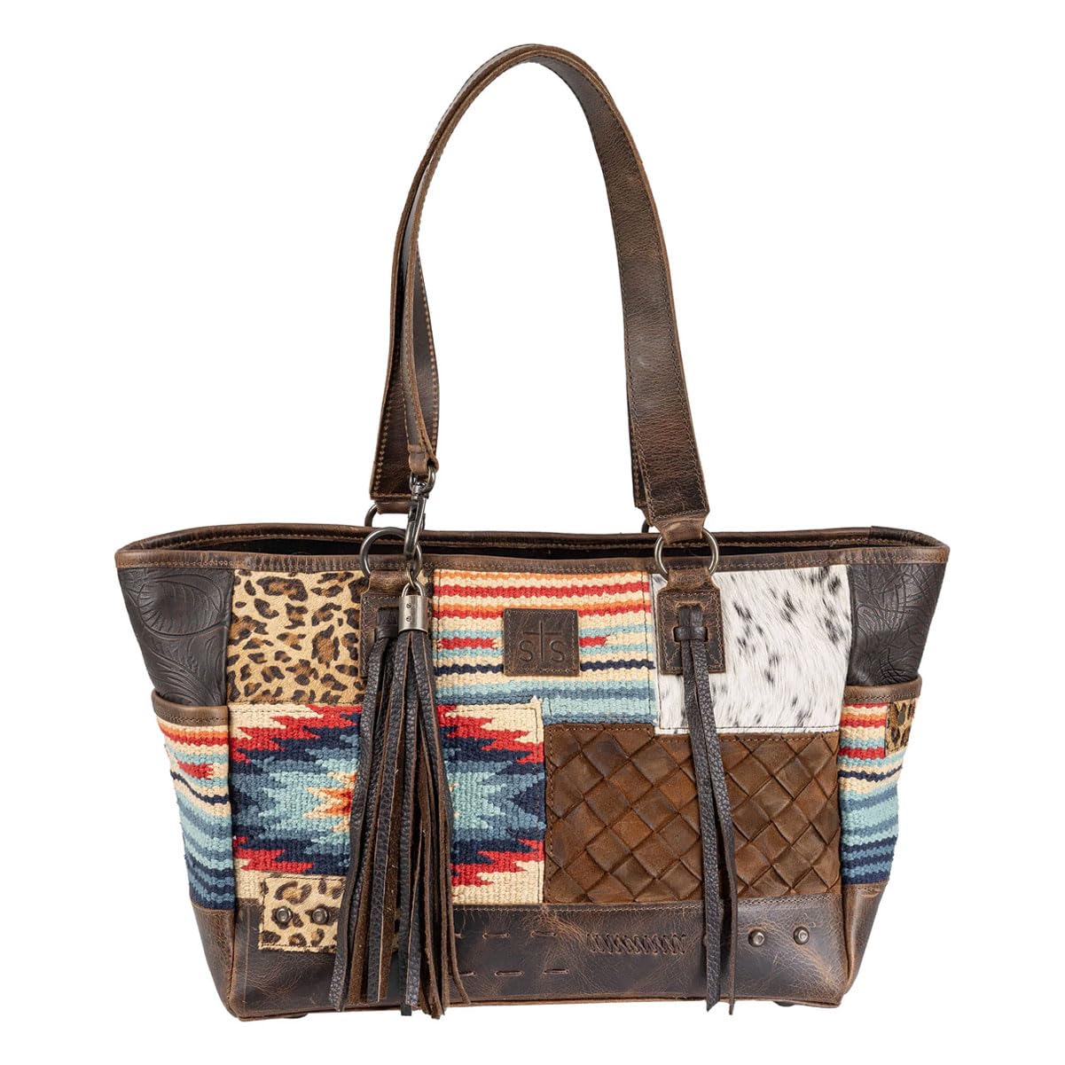 STS Ranchwear Women's Genuine Leather/Cowhide/Cotton Blend Chaynee Mountain Tote Bag With Dual Leather Carry Handles w/Accents &amp; Fringe
