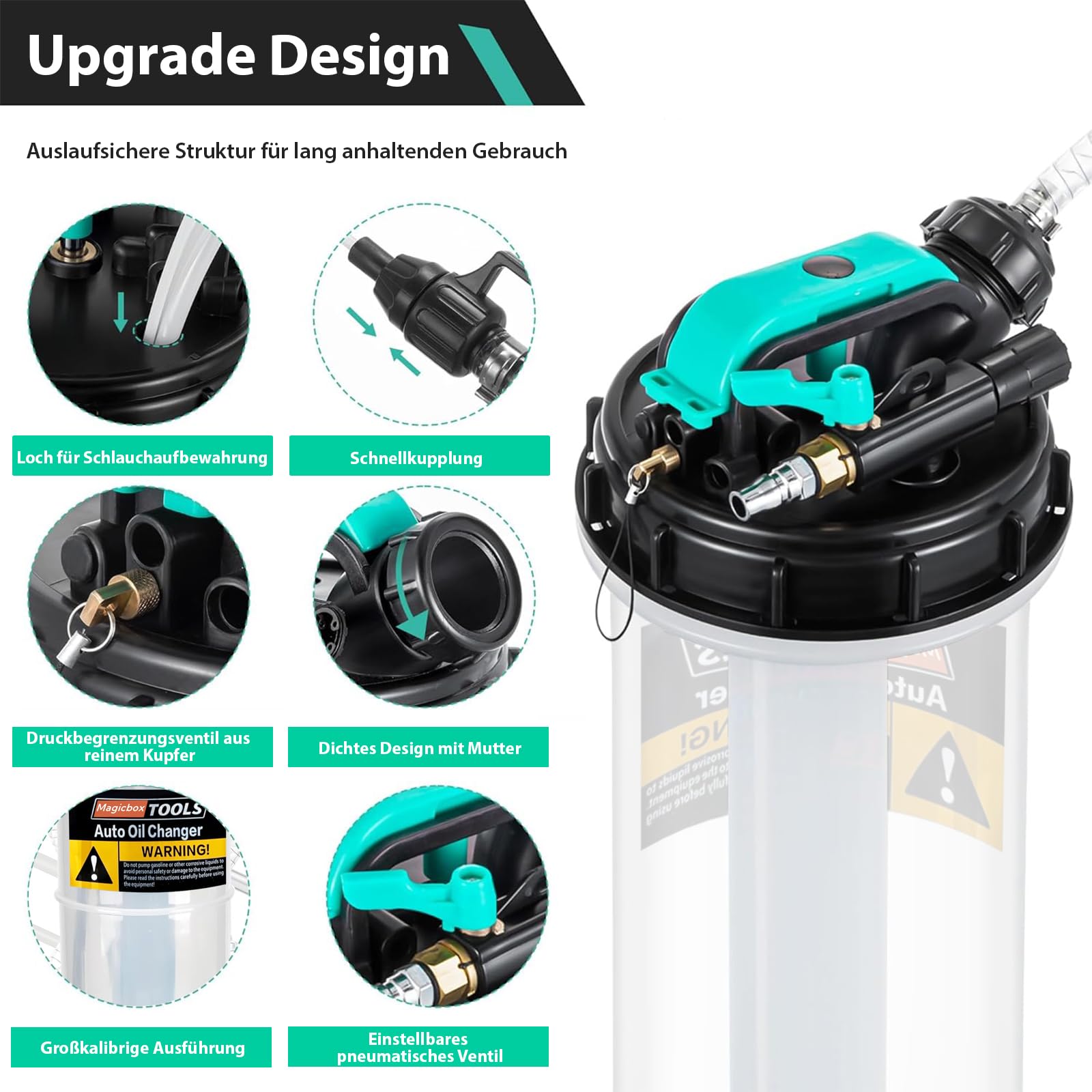 Magicbox 5.3L Kapazität Ölabsaugpumpe Auto Dual-System(Manuell + Pneumatisch) mit 6 Schläuchen & Sicherheitsventil–1,5m Schlauch für Auto, Motorrad, Boot, Industrietauglich, Rostbeständig