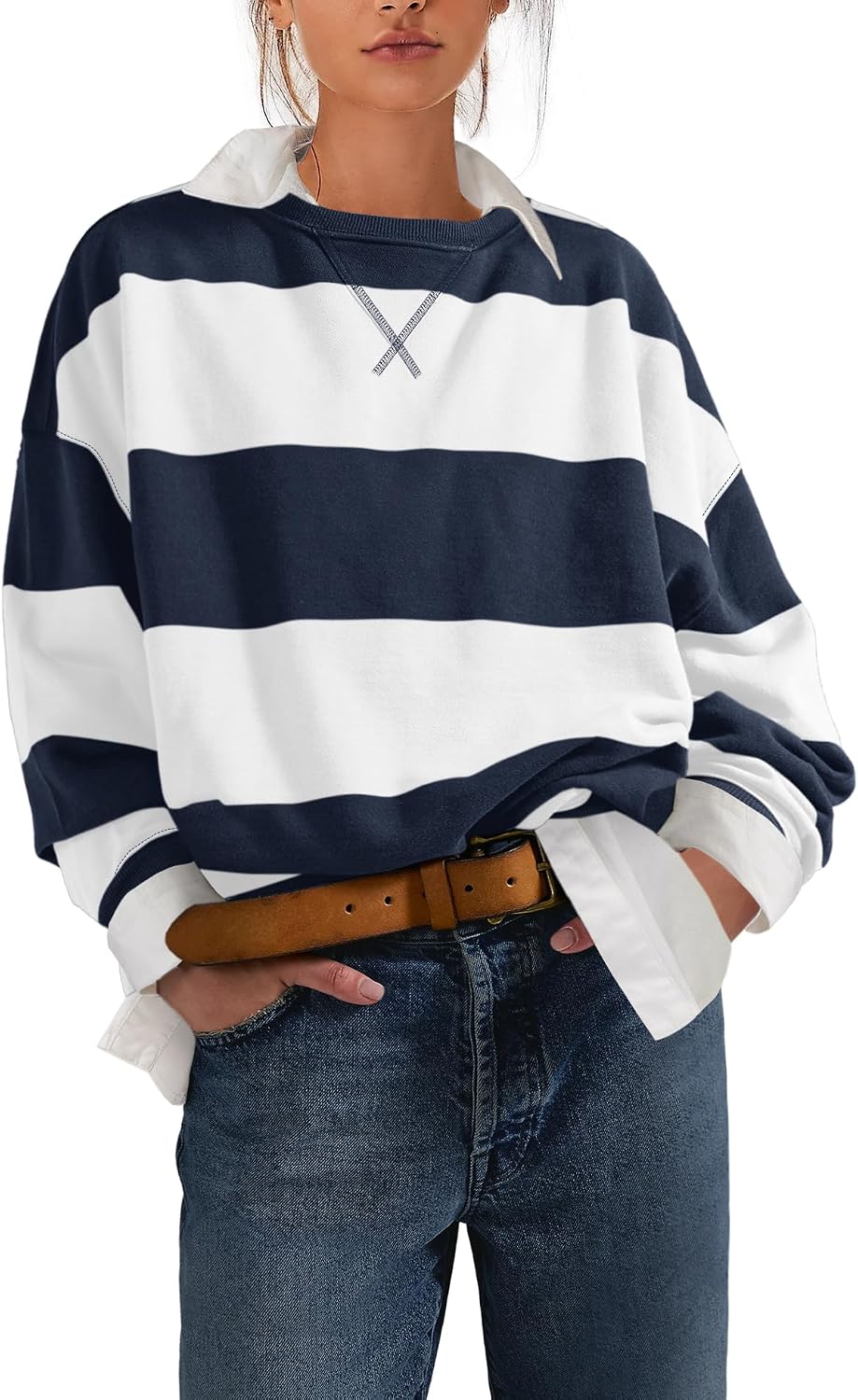Nirovien Womens Striped Oversized Sweatshirts Casual Long Sleeve Crewneck Sweatshirt Color Block Pullover Tops