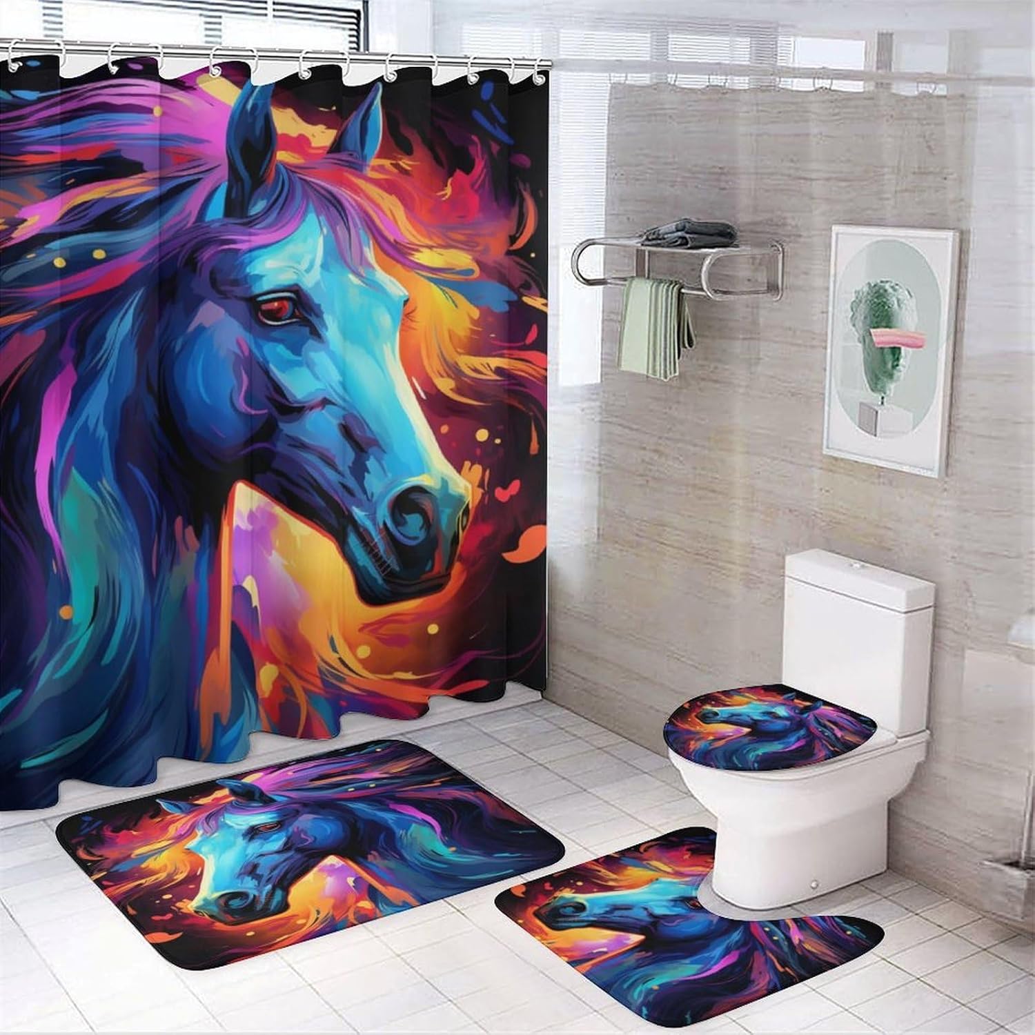 4 Piece Abstract Nature Animal Shower Curtain Set with Rugs, Include Colorful Flames Blue Horses Bathroom Non-Slip Floor Mat, U-Shaped Bath Rug and Toilet Cover Lid with 12 Hooks, Style-4