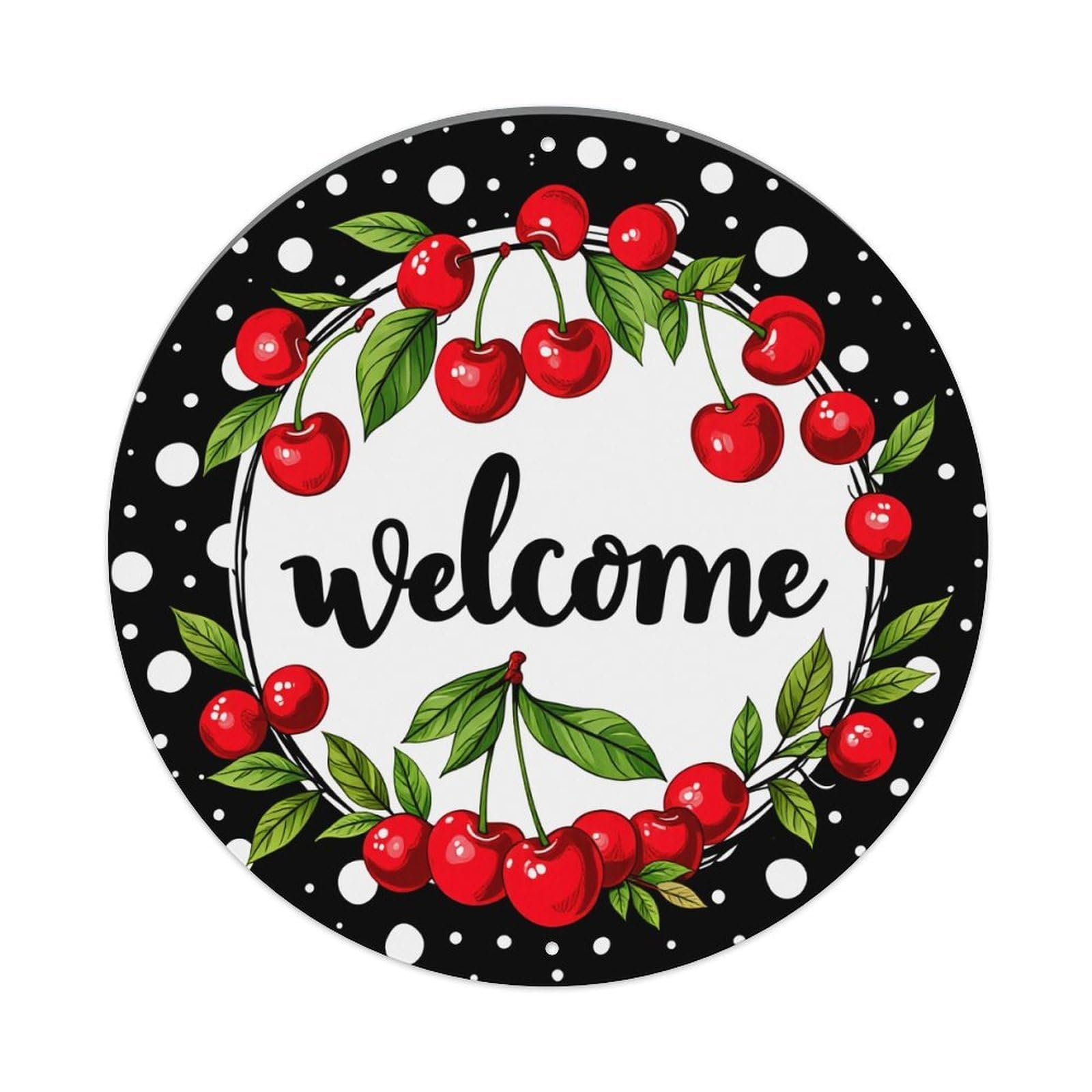 Cherry Wreath Welcome Pattern Print Round Tin Sign Vintage Metal Poster, Home Bar Garage Man Cave Cafe Indoor & Outdoor Wall Decoration 8x8Inches