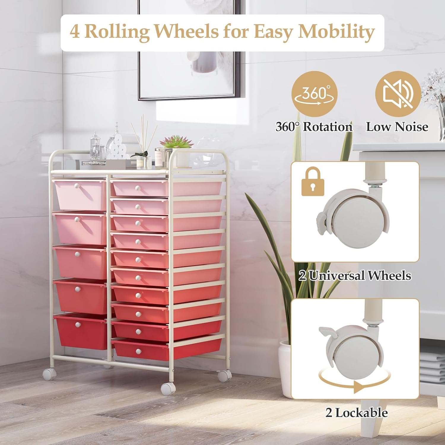 LDAILY 15 Drawer Rolling Storage Cart, Rolling Cart with Drawers for Classroom, Art Supply Craft Organizer on Wheel with Metal Frame & Handles for Home Office School