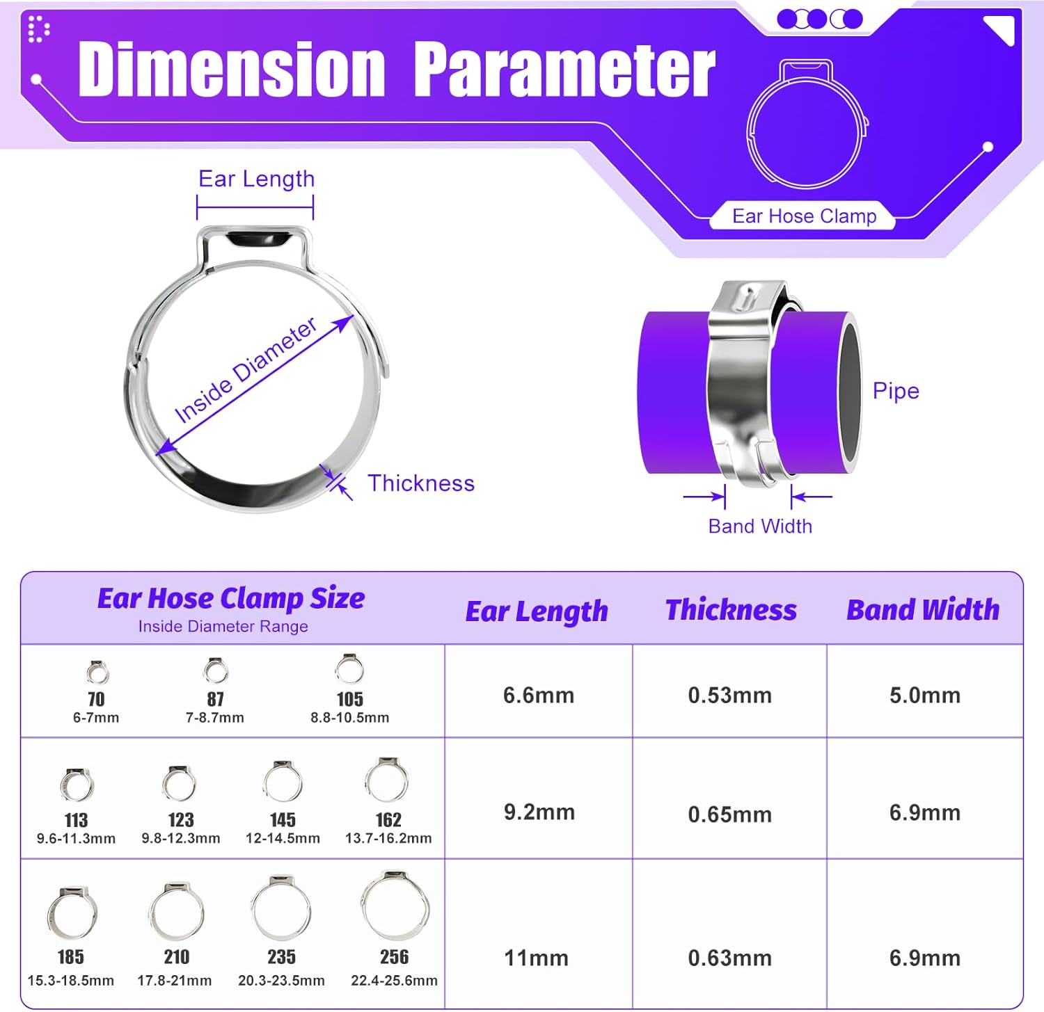 200Pcs 6-25.6mm Single-Ear Hose Clamp Kit. Professional stainless steel crimping hose clamps for automotive, plumbing, and fuel line applications.