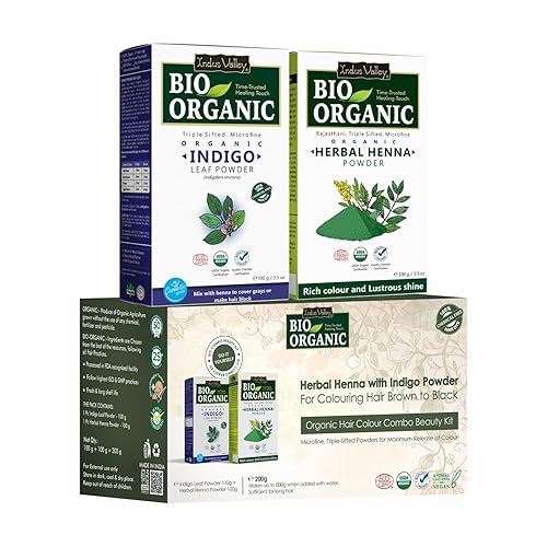Indus Valley Bio Organic - Kit combinado de tinte de cabello en polvo índigo 100% puro y polvo de henna Henna herbaria y polvo índigo sin