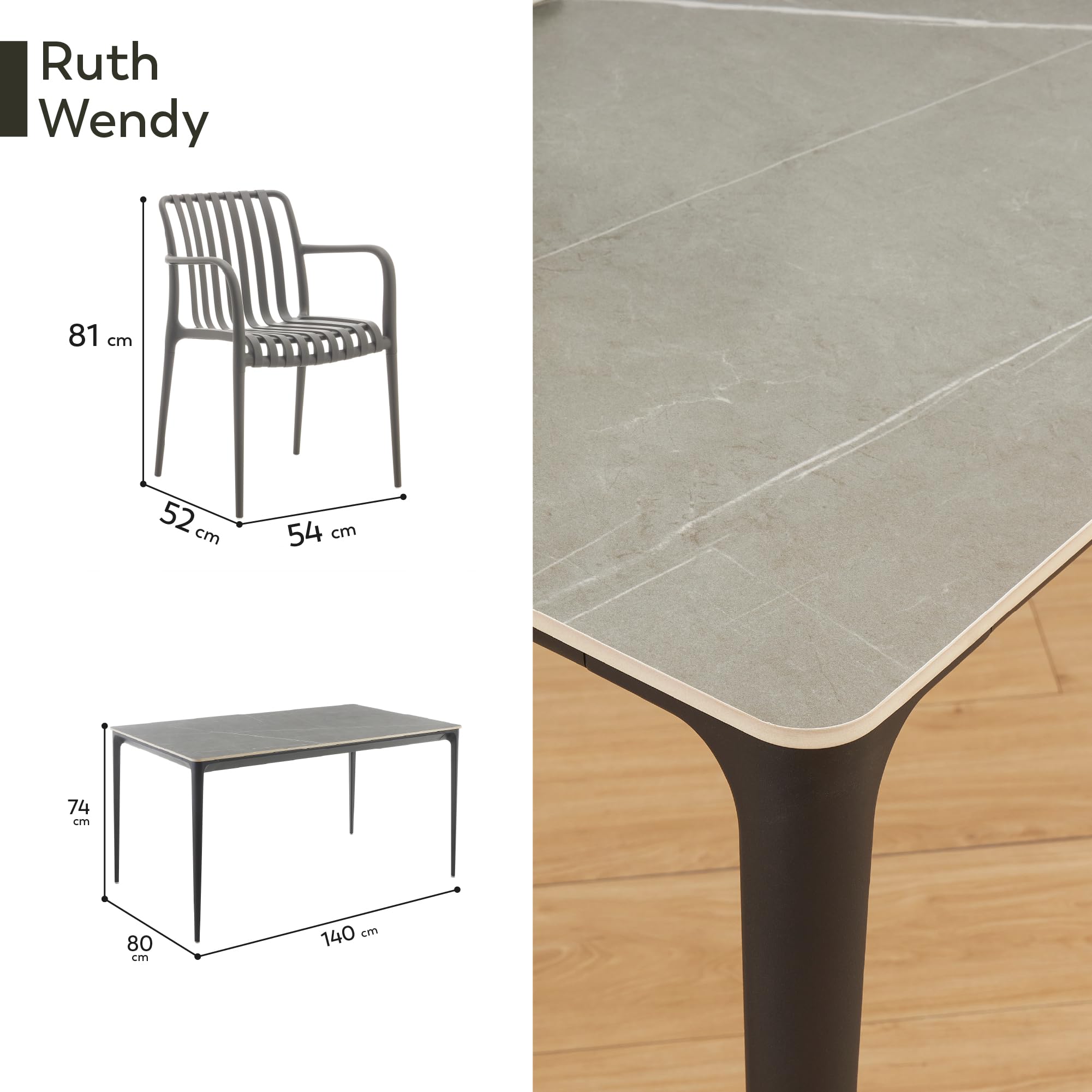 Conjunto de Mesa y 4 sillas Ruth Wendy - Mesa de cerámica sinterizada de 140 x 80 cm con sillas de Polipropileno, diseño Elegante y Moderno, fácil de Limpiar, para Interiores y Exteriores
