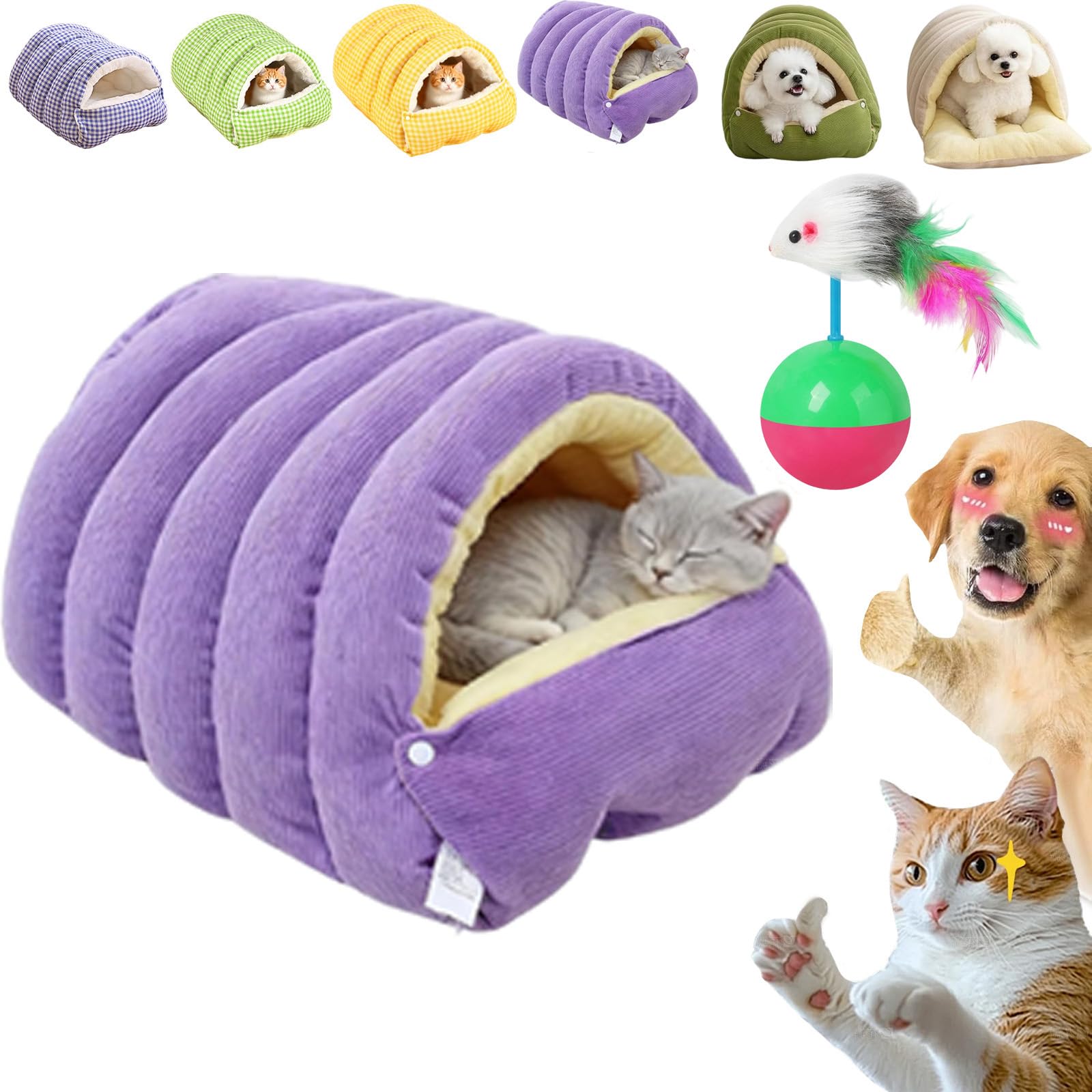 Pnedeodm Winter Cave, Cozy Monster Cat Bed, Warmth Cozy Comfort Plush Pet Cave with Removable Cushion, Non-Slip Base, Dual-Purpose Pet Nests for Cats and Small Dog (Purple, L)
