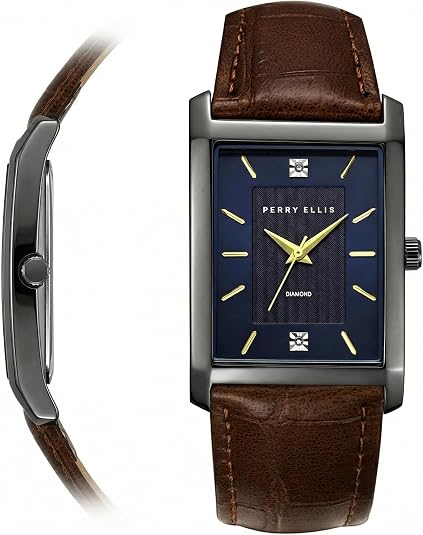 Perry Ellis Ultra Slim Men's Watch – Rectangular Gunmetal, Dark Blue Textured Dial with Diamond Accents, Gold Faceted Indexes, Adjustable Brown Leather Strap, Quartz Analog Fashion Accessory