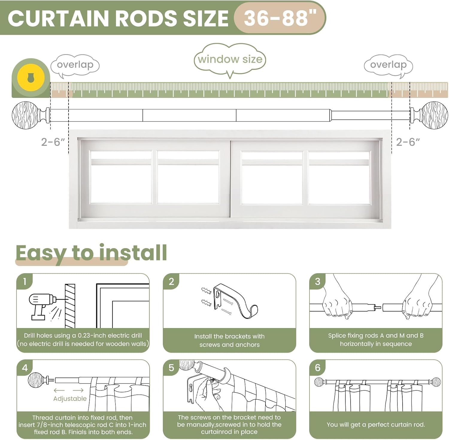 TKZTKZ White Curtain Rods for Windows 36 to 88:Imitation Wood Grain Coastal Heavy Duty Adjustable Curtain Rod,Farmhouse Boho Rustic Decorative Wooden Drapery Rods for Bedroom Living Room,Antique White