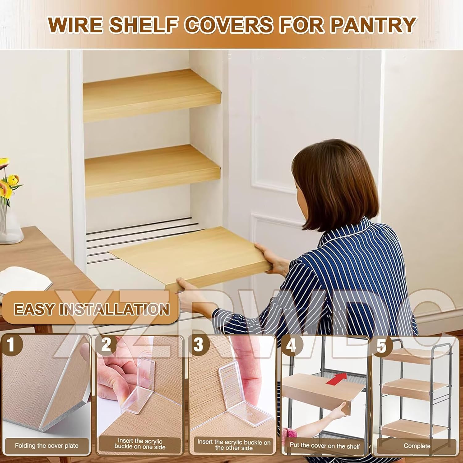Wire Shelf Covers for Closet 48x16 inch, 4 Pcs Faux Walnut Wood Wire Rack Covers for Shelves, 2" High Shelf Covers for Wire Shelving, Waterproof PVC Shelfs Cover for Pantry Kitchen Bathroom Office