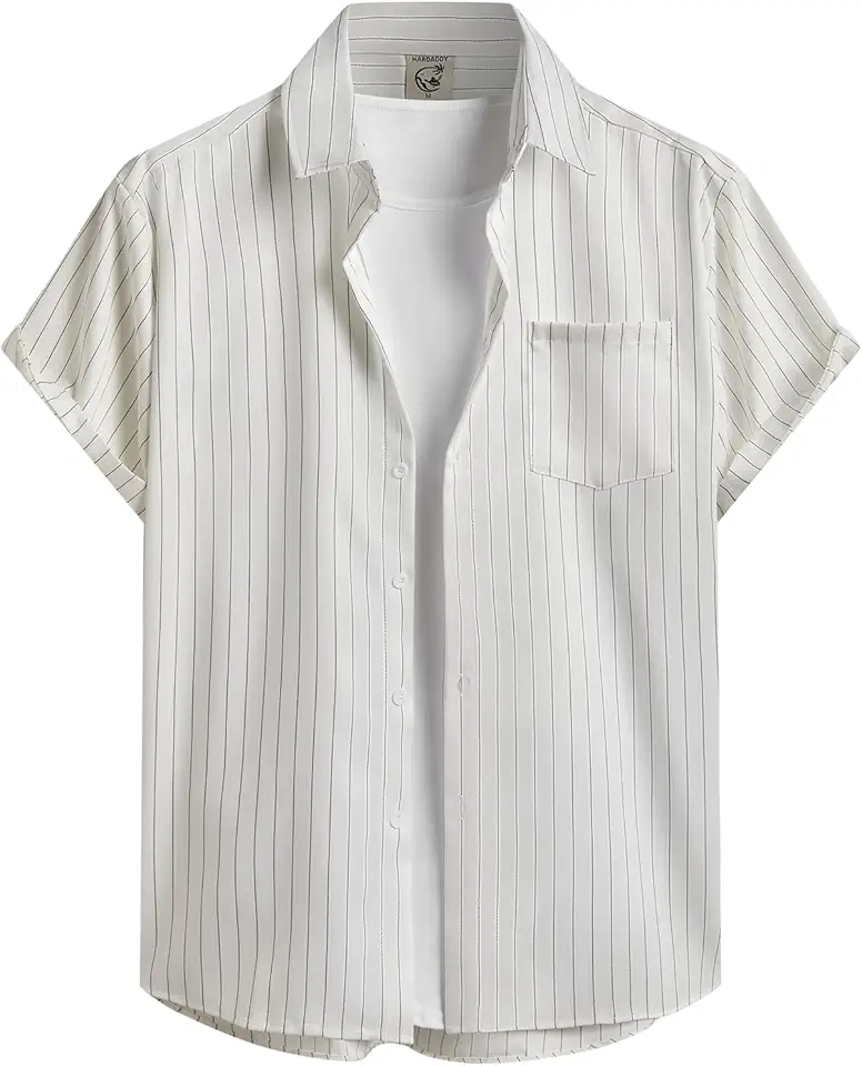 Hardaddy Men's Casual Striped Shirts Button Down Short Sleeve Blouse Summer Hawaiian Shirt