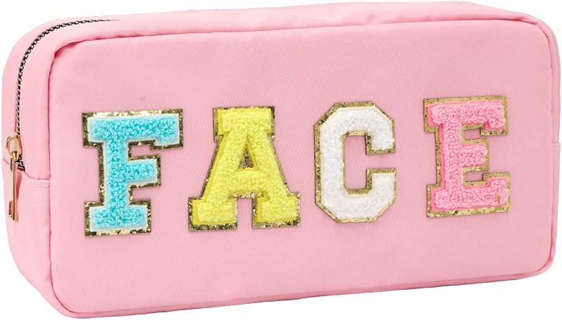 Necessaire de maquiagem DYSHAYEN rosa com patches de letras em chenille