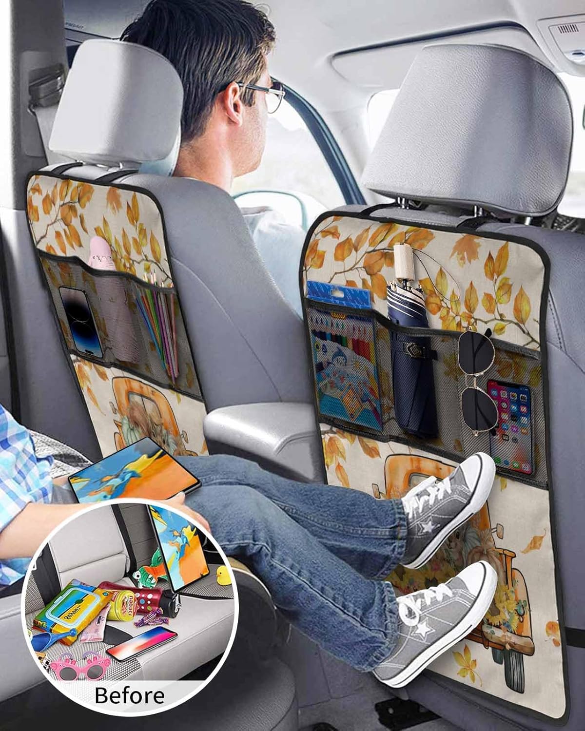T&H XHome Car Seat Protector, 2 Pack Kick Mats with Organizer - 3 Pocket Storage, Fall Squirrel Sunflower Pumpkin Leaves Linen Back Seat Cover for Kids Universal Fit Automotive Interior Protectors