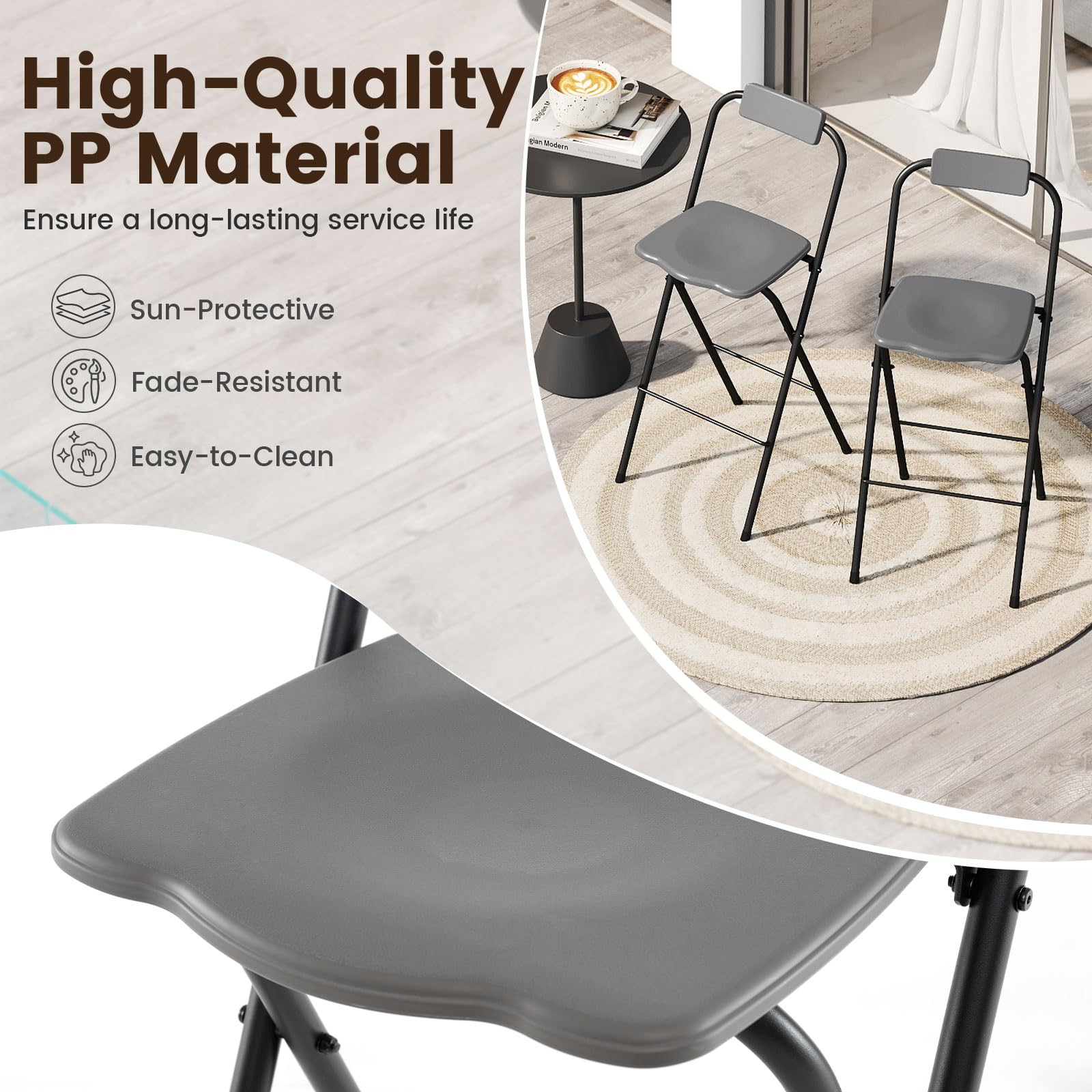 GIANTEX Juego de 2 Taburetes de Bar Plegables, Sillas Portátiles con Respaldo Inclinable, Asiento Curvado y Reposapiés, Carga hasta 150 kg, Taburetes Altos para Balcón, Comedor, Jardín (Gris)