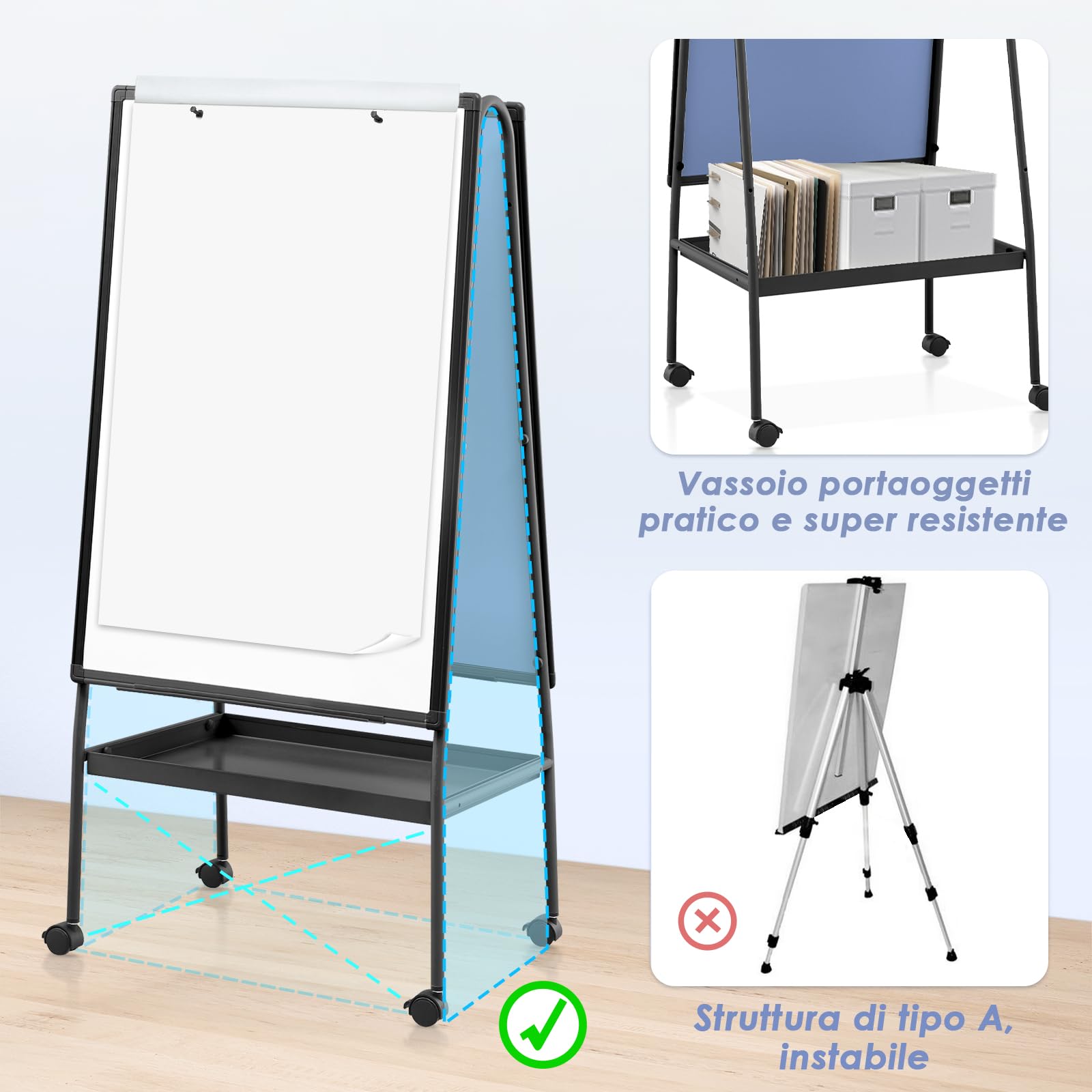 MAKELLO Lavagna Magnetica a Doppia Faccia Mobile con 4 Rotelle - Lavagna a Fogli Mobili, Struttura in Alluminio Nero Regolabile in Altezza, Stabile per Ufficio/Aula/Home Office