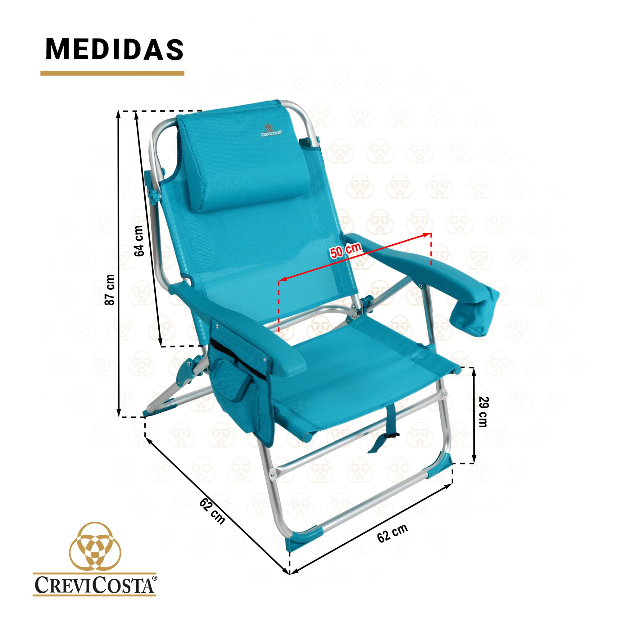 CREVICOSTA QUALITY MARK MARCAS DE CALIDAD - Nautilus 2108 - Silla de Playa Plegable con Nuevo cojín ergonómico y Nueva Nevera incorporada. 8 Posiciones (Turquesa)